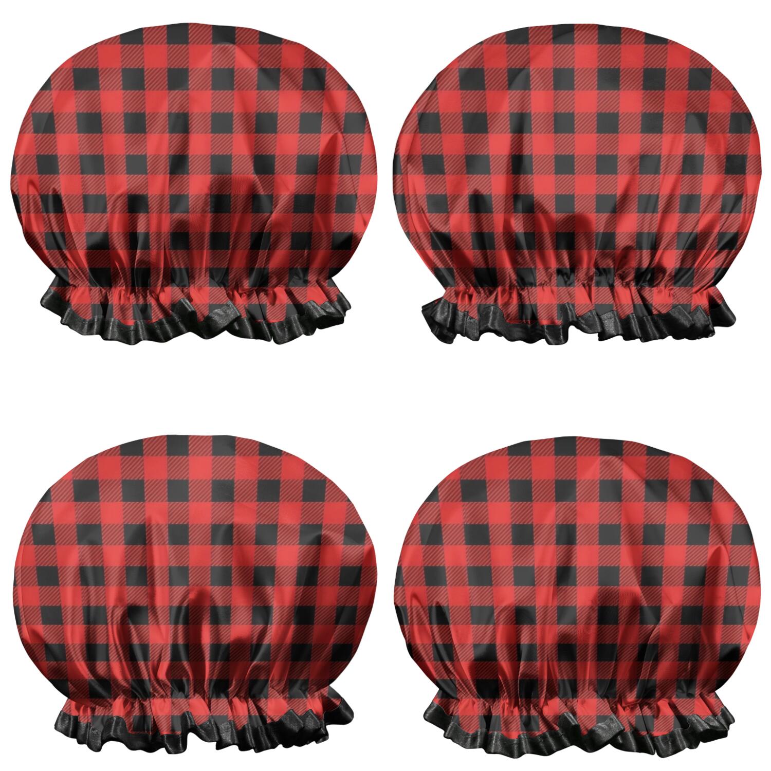 Shower Caps,Red Black Plaid Checkered Pattern Waterproof Shower Cap for Women 4 Pieces,Double Reusable Hair Cover for Shower PEVA Elastic Stretch Hem