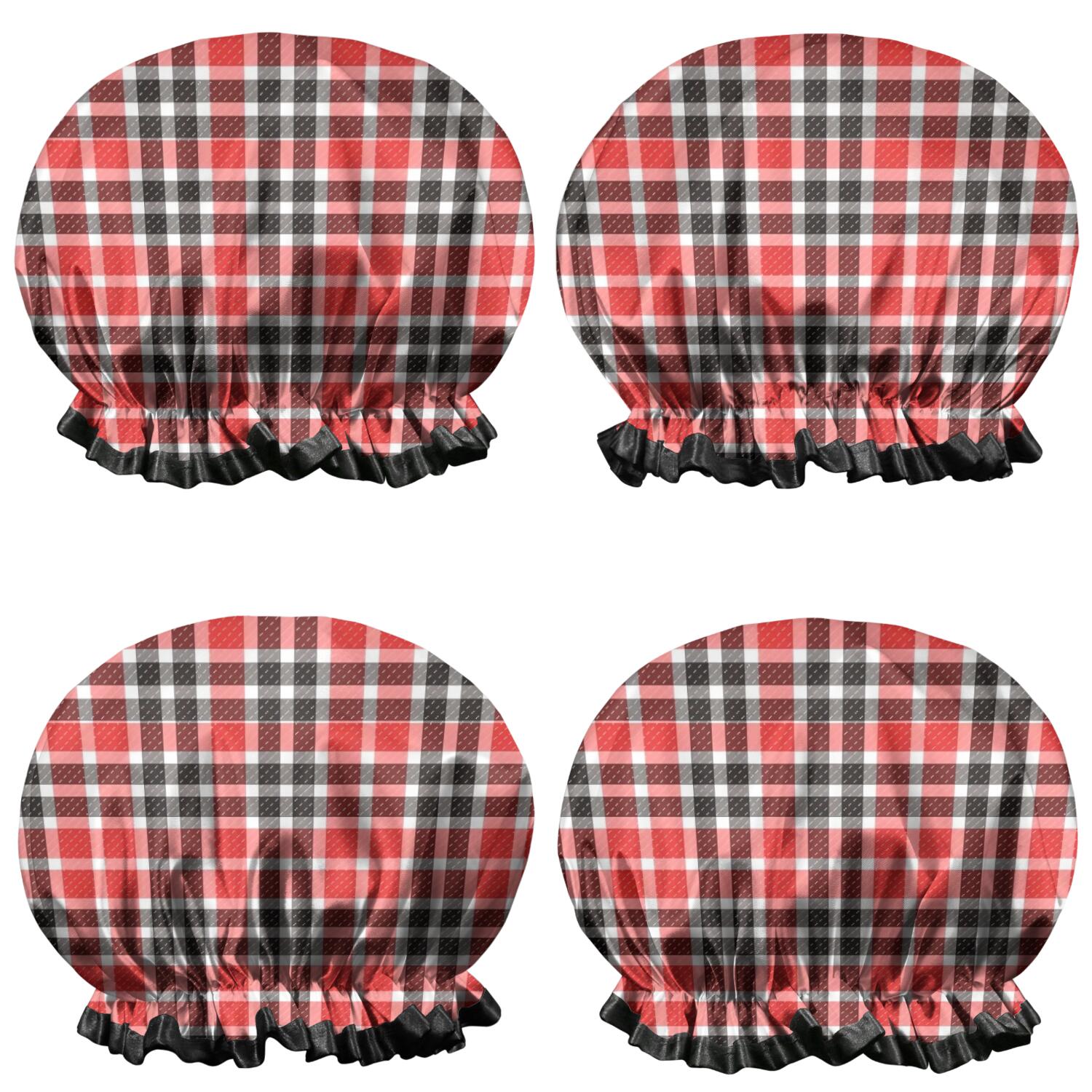Shower Caps,Red Black White Checkerboard Checkered Pattern Waterproof Shower Cap for Women 4 Pieces,Double Reusable Hair Cover for Shower PEVA Elastic Stretch Hem
