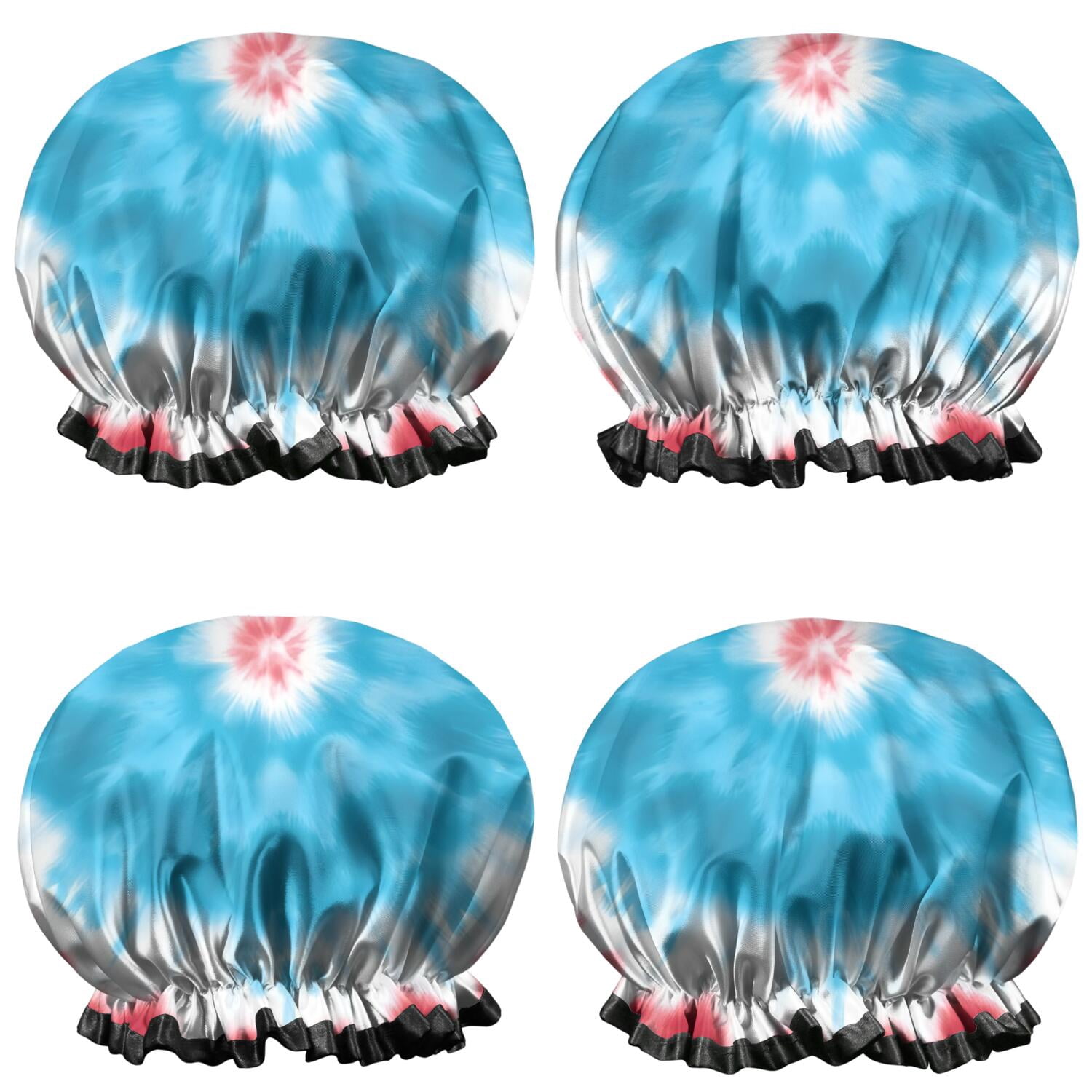 Shower Caps,Red Blue Tie Dye Spiral Waterproof Shower Cap for Women 4 Pieces,Double Reusable Hair Cover for Shower PEVA Elastic Stretch Hem