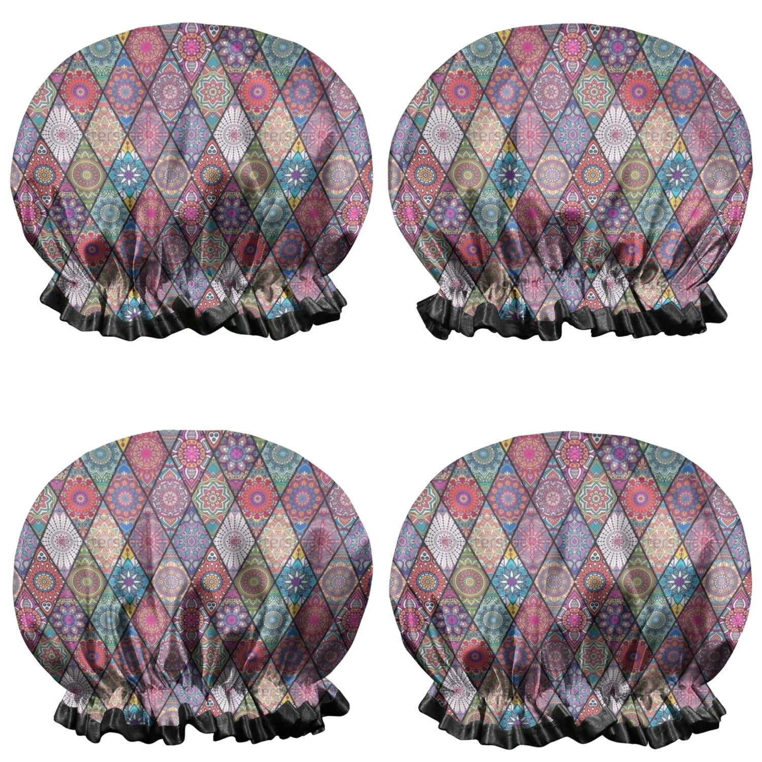 Shower Caps,Red Boho Ethnic Geometric Pattern Waterproof Shower Cap for Women 4 Pieces,Double Reusable Hair Cover for Shower PEVA Elastic Stretch Hem