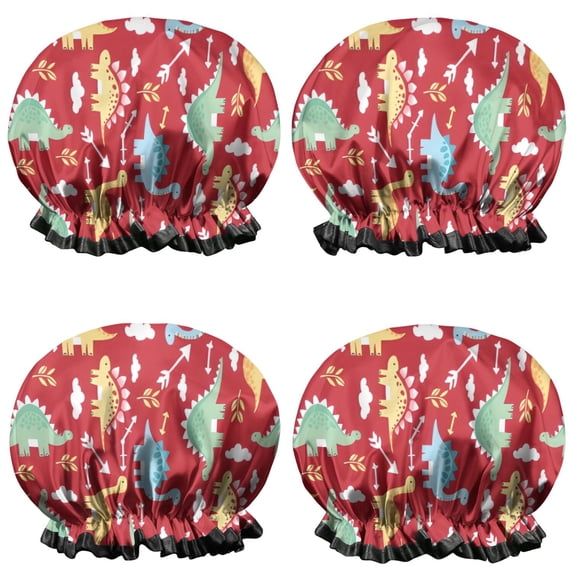 Shower Caps,Red Cartoon Dinosaurs Arrows Pattern Waterproof Shower Cap for Women 4 Pieces,Double Reusable Hair Cover for Shower PEVA Elastic Stretch Hem
