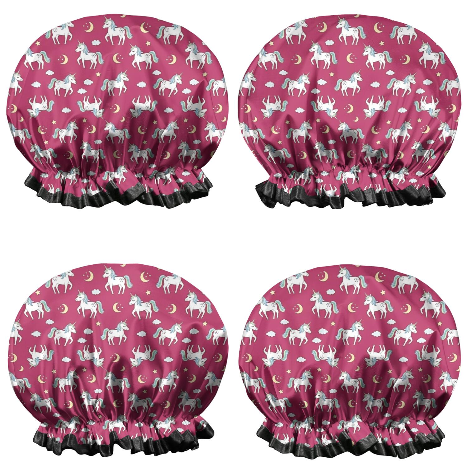 Shower Caps,Red Cartoon Unicorn Moon Star Cloud Pattern Waterproof Shower Cap for Women 4 Pieces,Double Reusable Hair Cover for Shower PEVA Elastic Stretch Hem