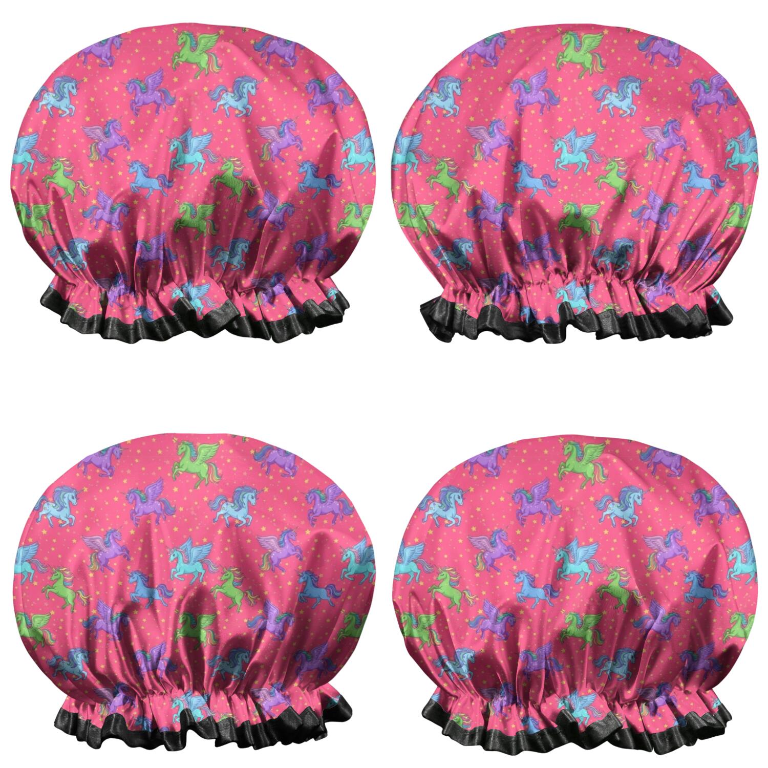 Shower Caps,Red Cartoon Unicorn Pattern Waterproof Shower Cap for Women 4 Pieces,Double Reusable Hair Cover for Shower PEVA Elastic Stretch Hem