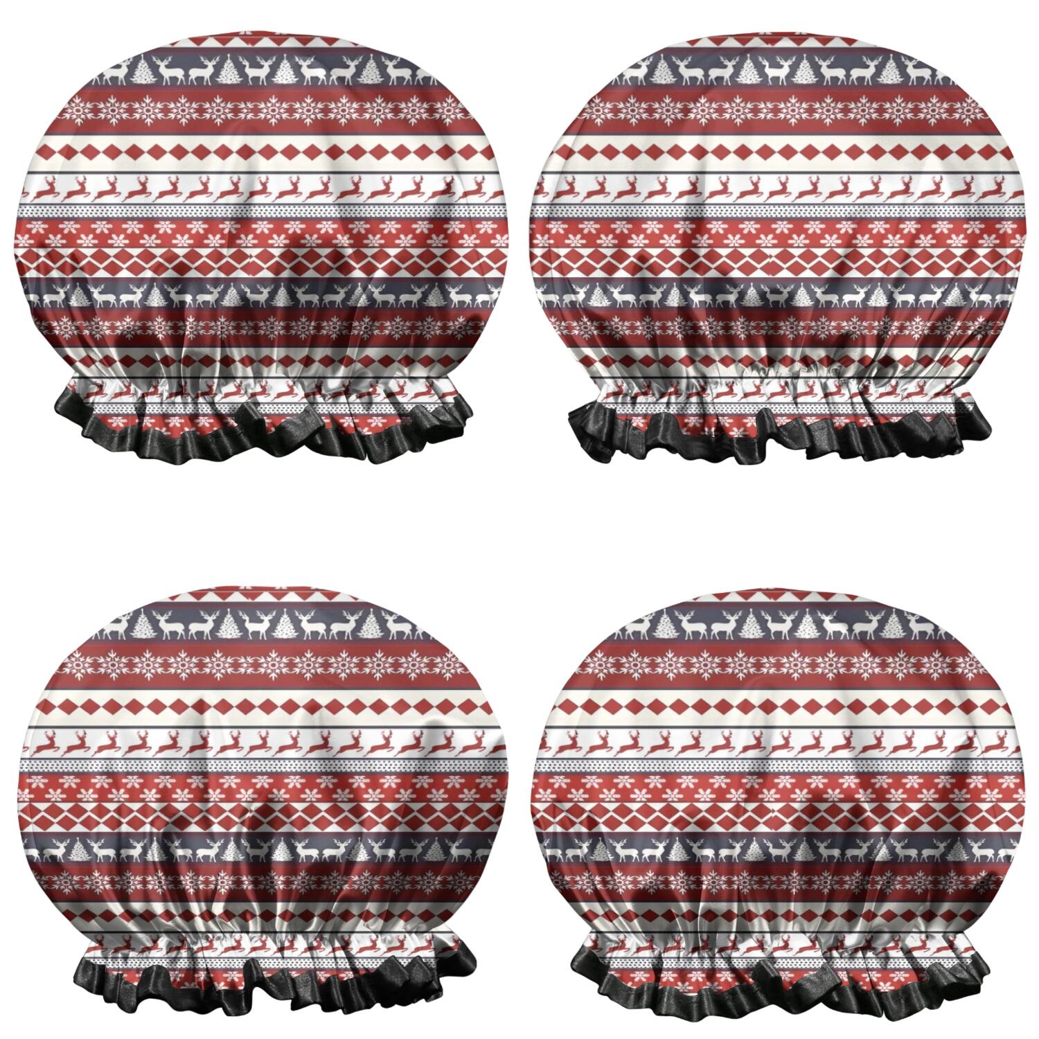 Shower Caps,Red Christmas Deer and Snowflake Pattern Waterproof Shower Cap for Women 4 Pieces,Double Reusable Hair Cover for Shower PEVA Elastic Stretch Hem