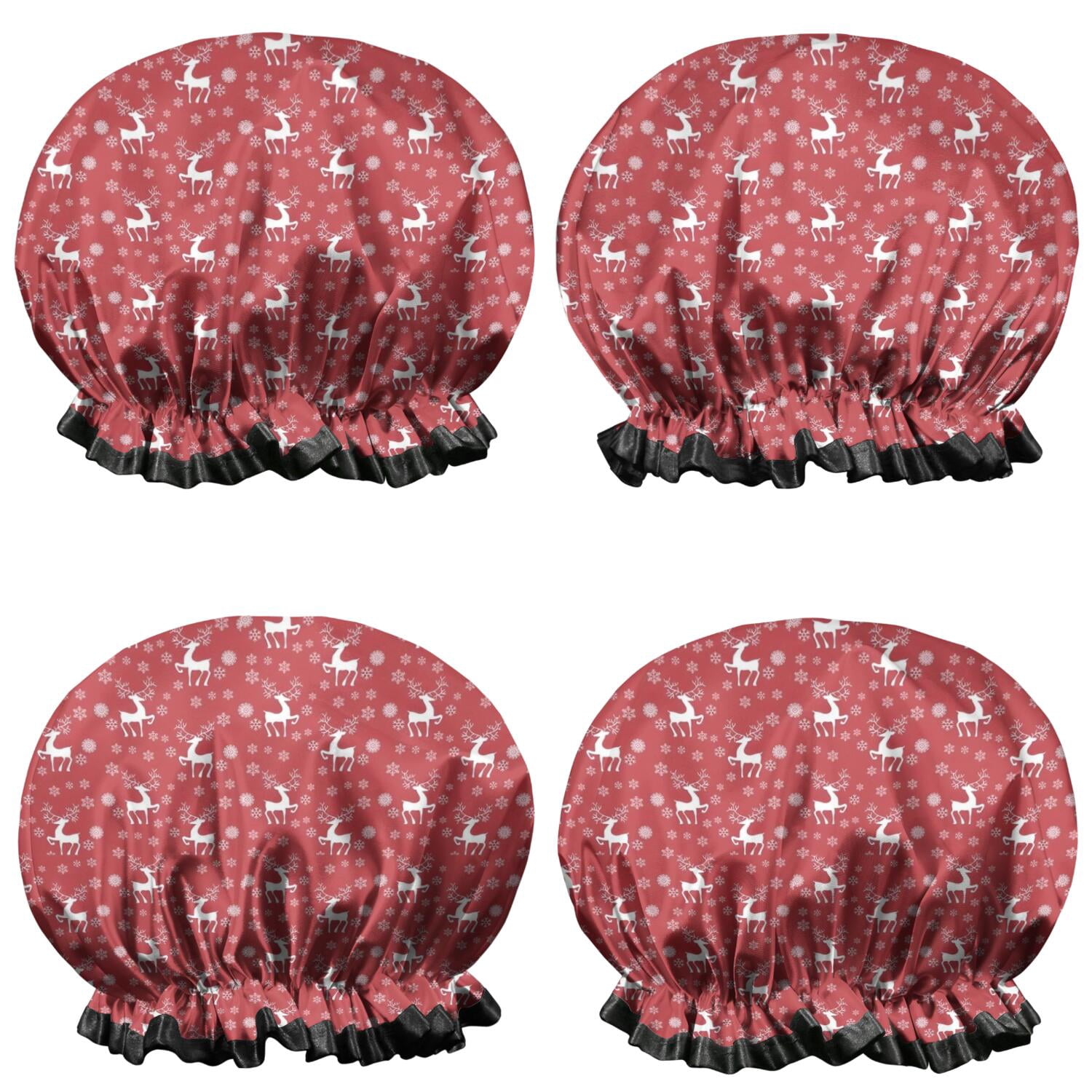 Shower Caps,Red Christmas Deer and Snowflake Pattern Waterproof Shower Cap for Women 4 Pieces,Double Reusable Hair Cover for Shower PEVA Elastic Stretch Hem