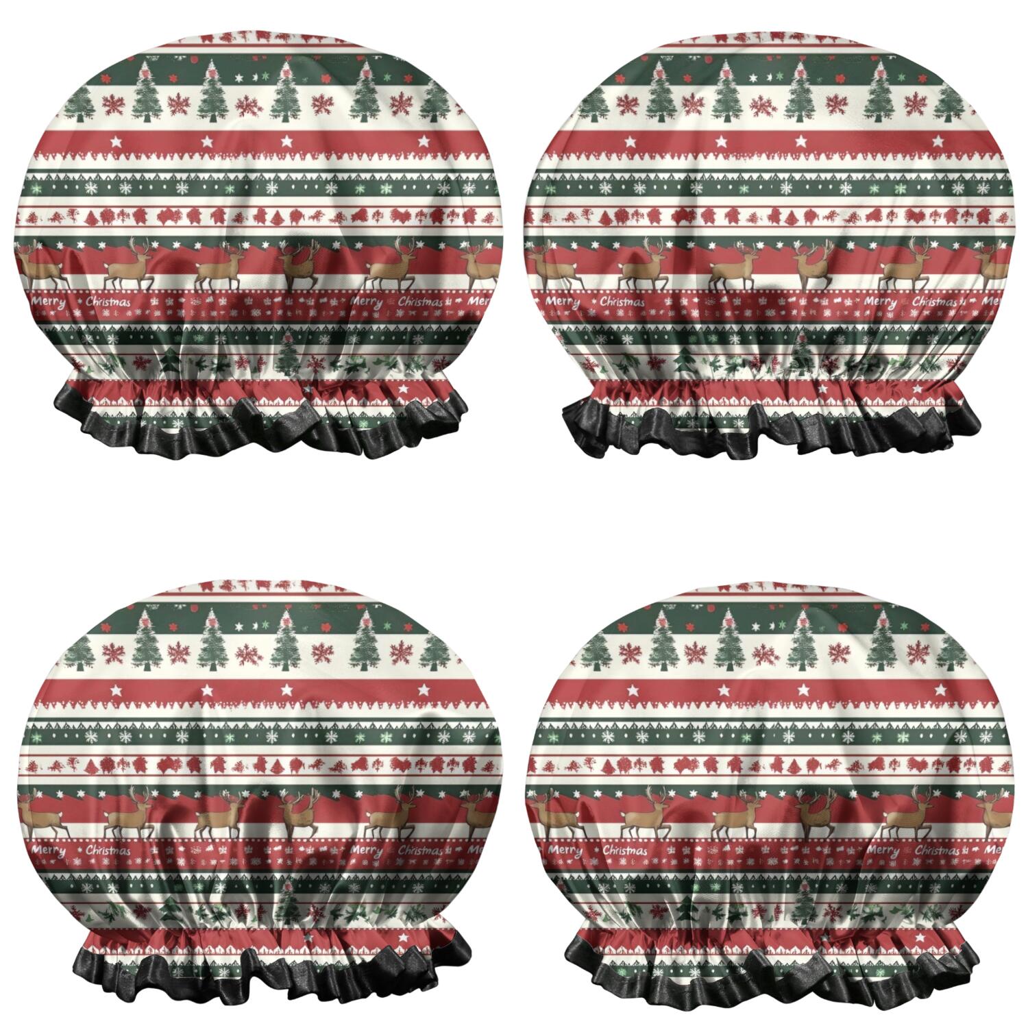 Shower Caps,Red Christmas Deer and Tree Pattern Waterproof Shower Cap for Women 4 Pieces,Double Reusable Hair Cover for Shower PEVA Elastic Stretch Hem