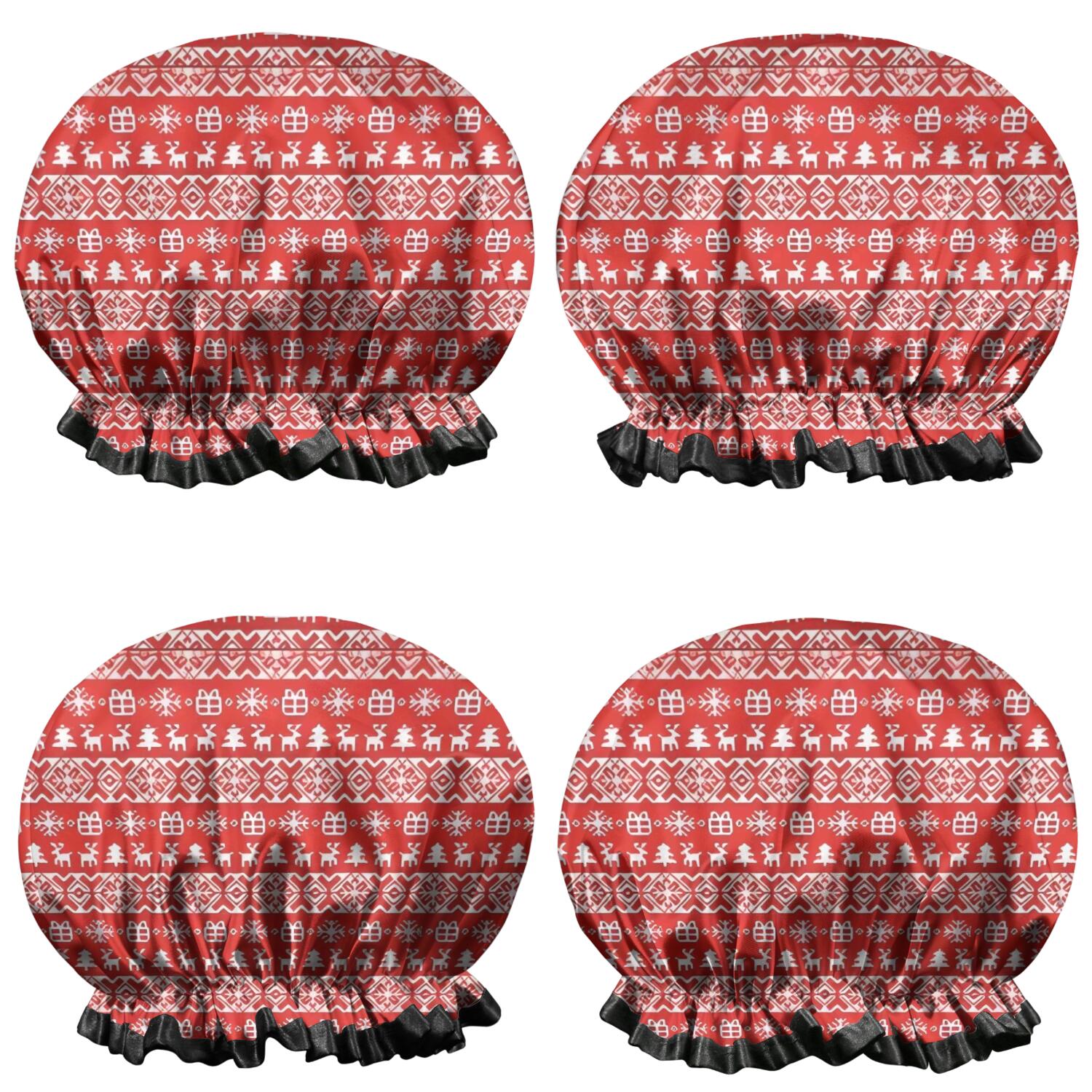 Shower Caps,Red Christmas Folk Pattern Waterproof Shower Cap for Women 4 Pieces,Double Reusable Hair Cover for Shower PEVA Elastic Stretch Hem