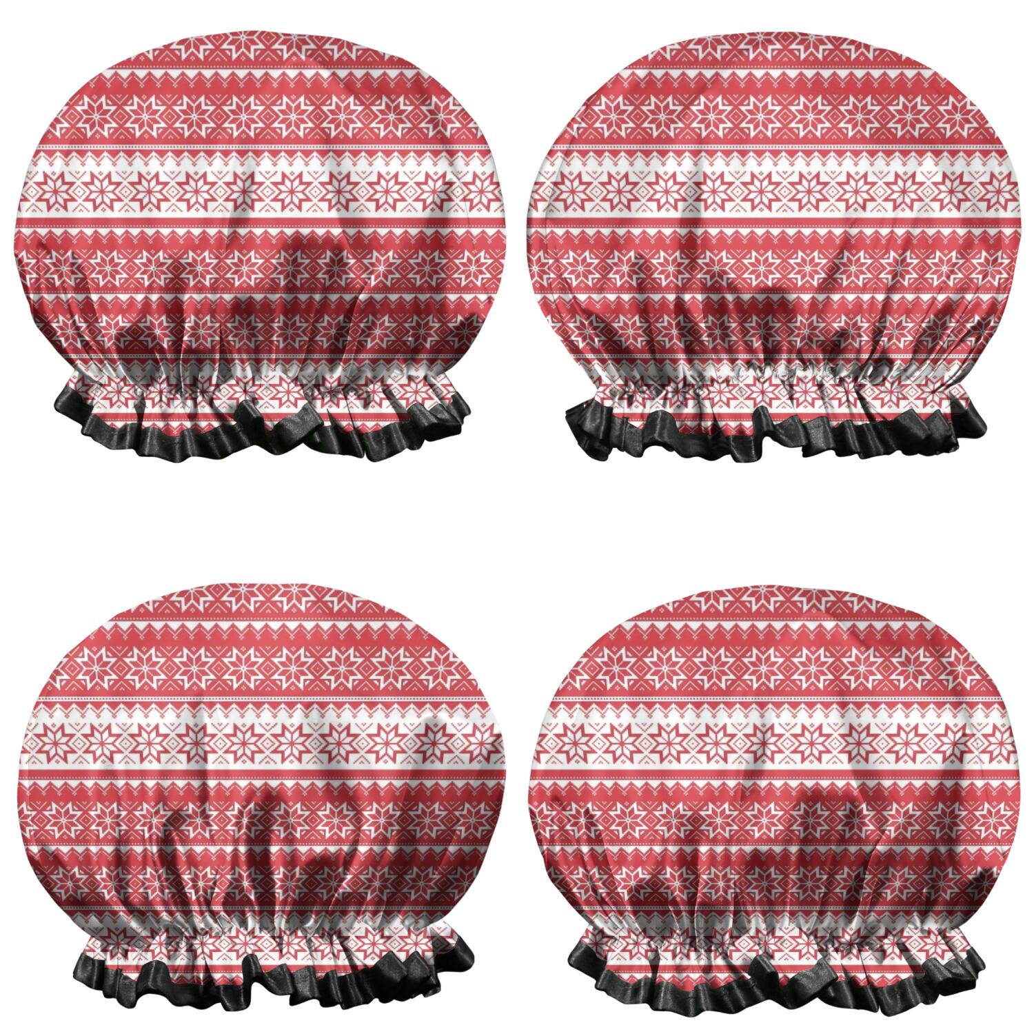 Shower Caps,Red Christmas Geometric Snowflake Pattern Waterproof Shower Cap for Women 4 Pieces,Double Reusable Hair Cover for Shower PEVA Elastic Stretch Hem