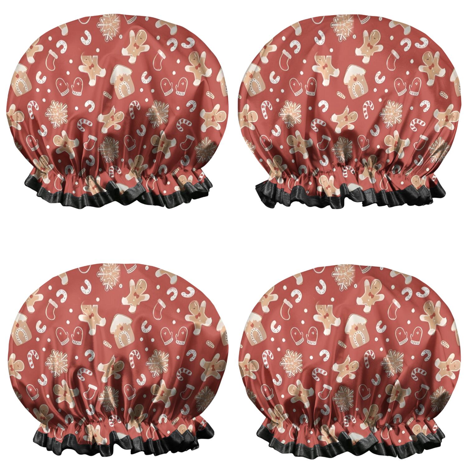 Shower Caps,Red Christmas Gingerbread and Mitten Pattern Waterproof Shower Cap for Women 4 Pieces,Double Reusable Hair Cover for Shower PEVA Elastic Stretch Hem