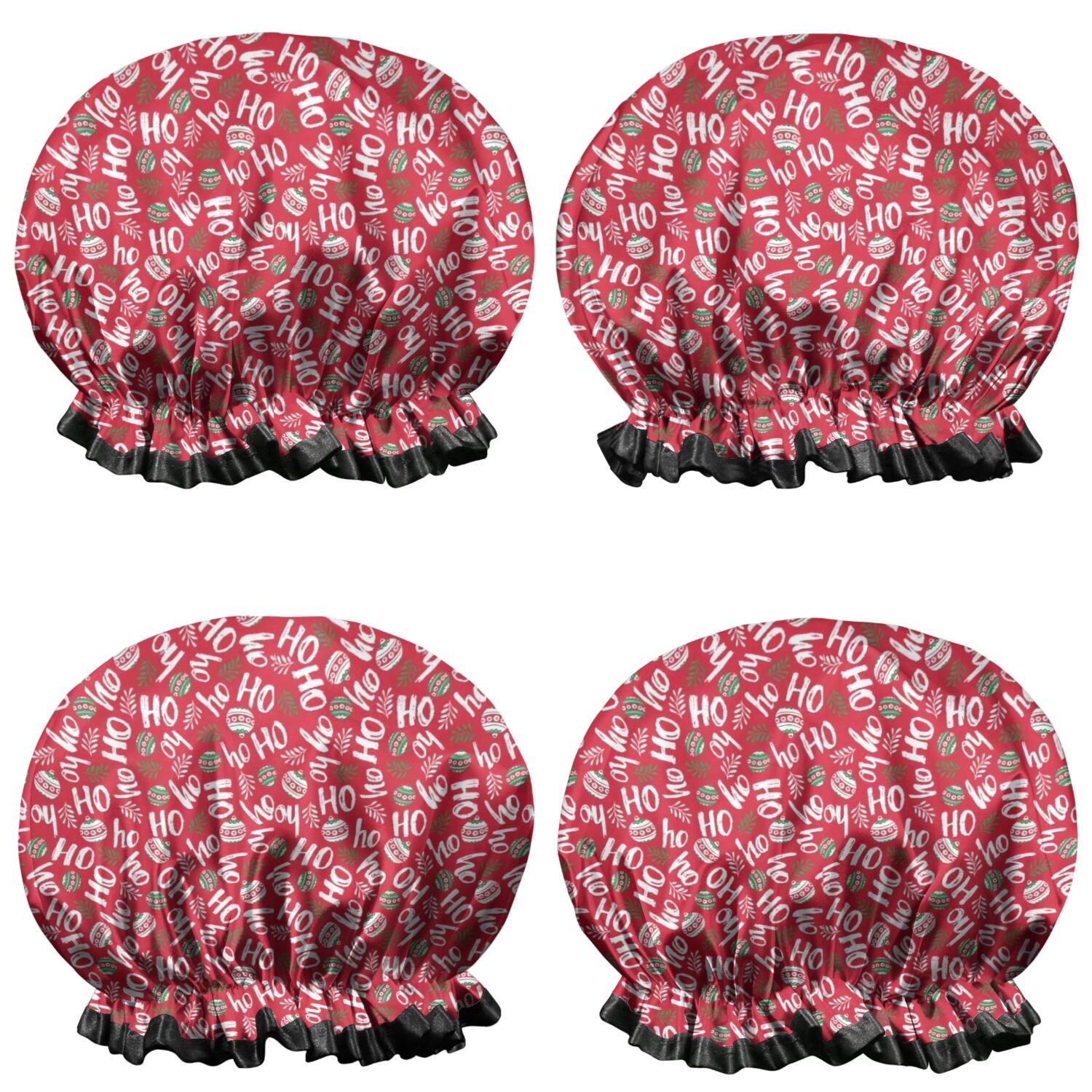 Shower Caps,Red Christmas HO Pattern Waterproof Shower Cap for Women 4 Pieces,Double Reusable Hair Cover for Shower PEVA Elastic Stretch Hem
