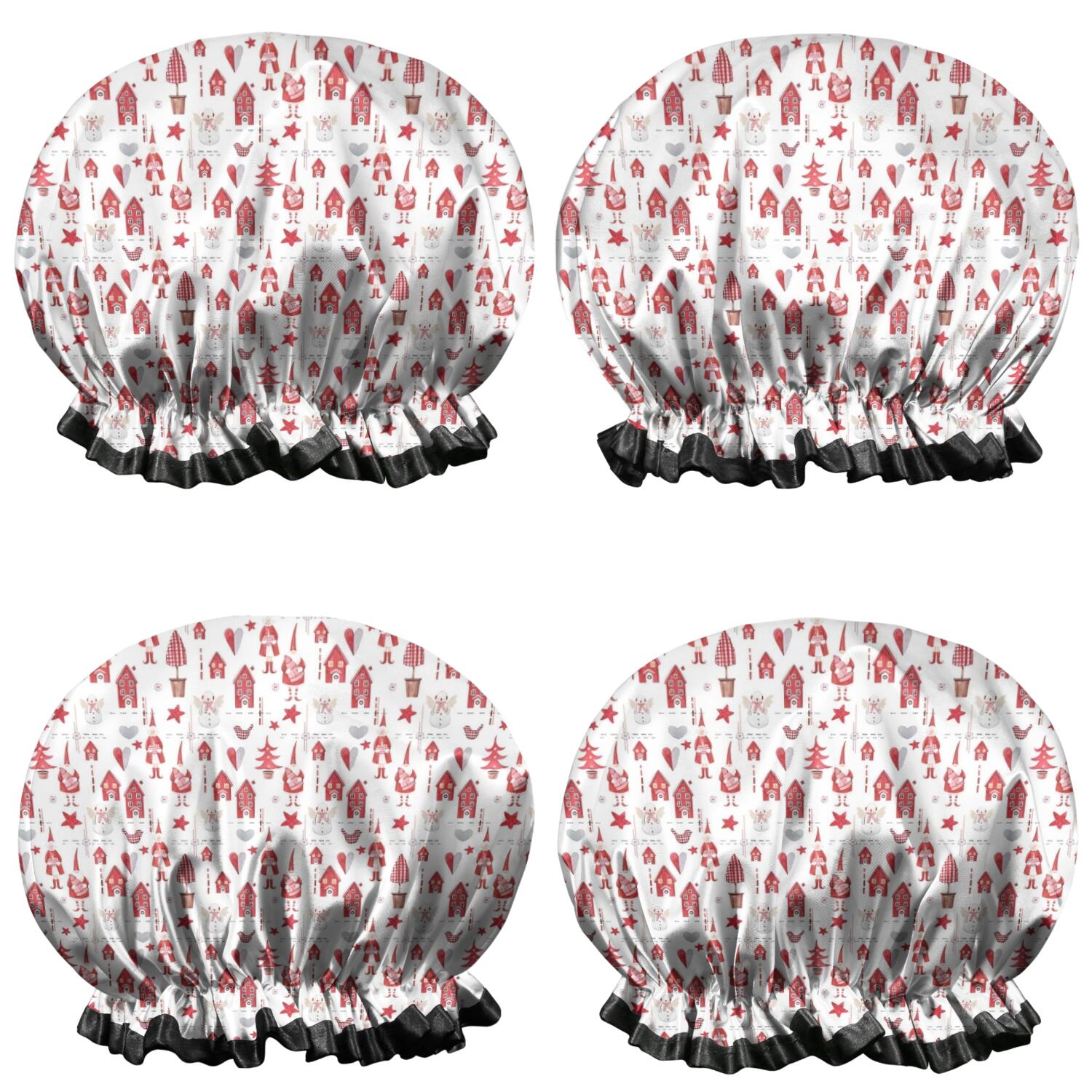 Shower Caps,Red Christmas House and Tree Pattern Waterproof Shower Cap for Women 4 Pieces,Double Reusable Hair Cover for Shower PEVA Elastic Stretch Hem