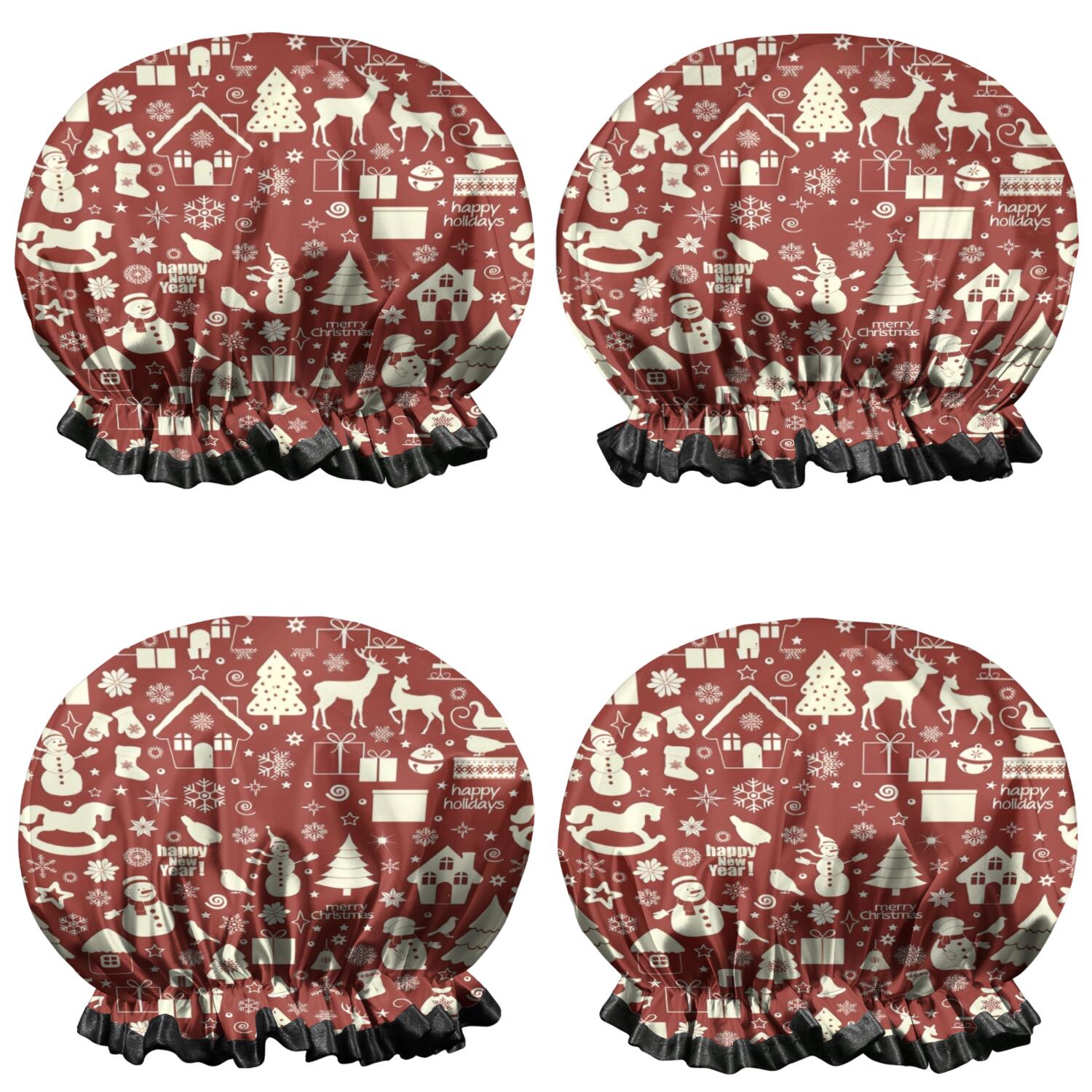 Shower Caps,Red Christmas Icon Pattern Waterproof Shower Cap for Women 4 Pieces,Double Reusable Hair Cover for Shower PEVA Elastic Stretch Hem