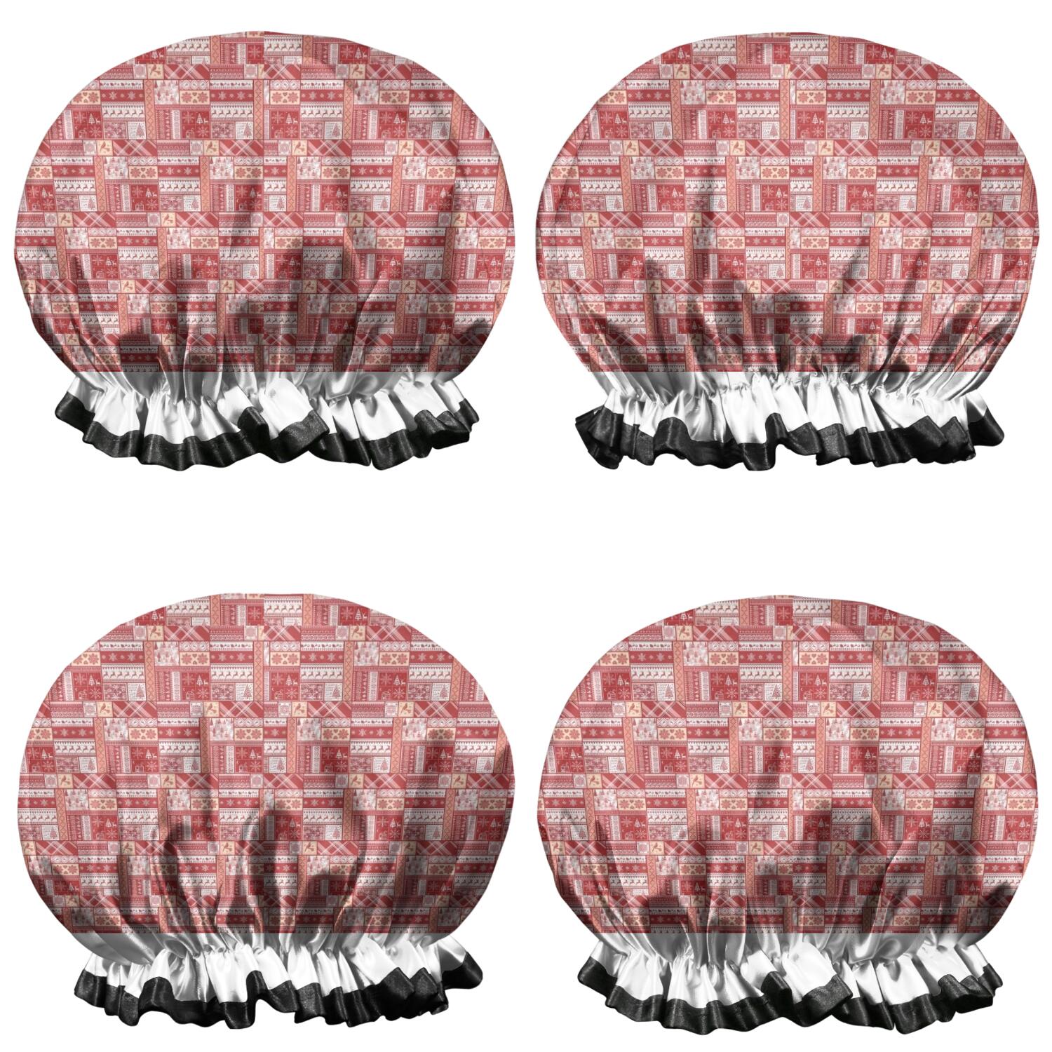 Shower Caps,Red Christmas Patchwork Pattern Waterproof Shower Cap for Women 4 Pieces,Double Reusable Hair Cover for Shower PEVA Elastic Stretch Hem