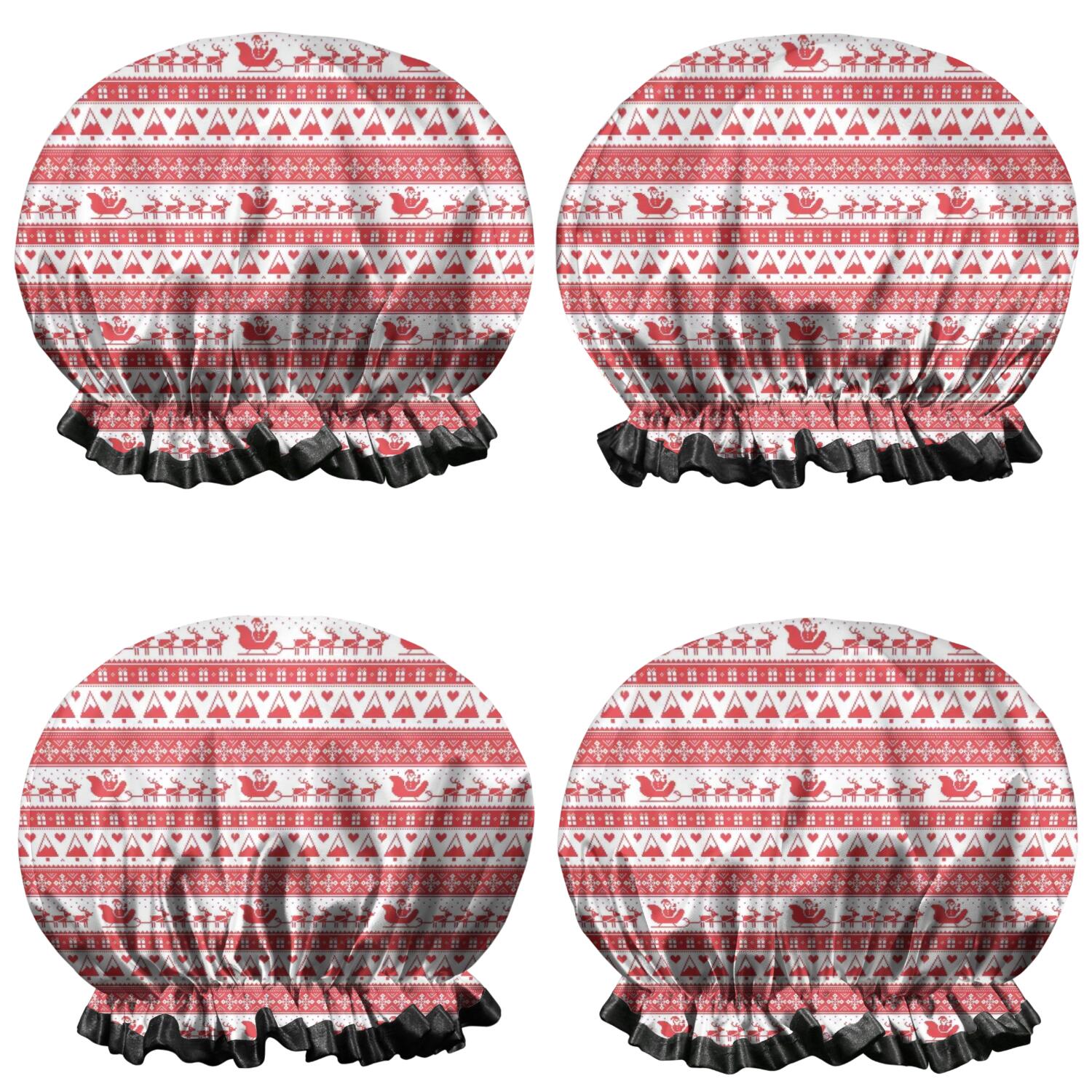 Shower Caps,Red Christmas Pattern Waterproof Shower Cap for Women 4 Pieces,Double Reusable Hair Cover for Shower PEVA Elastic Stretch Hem
