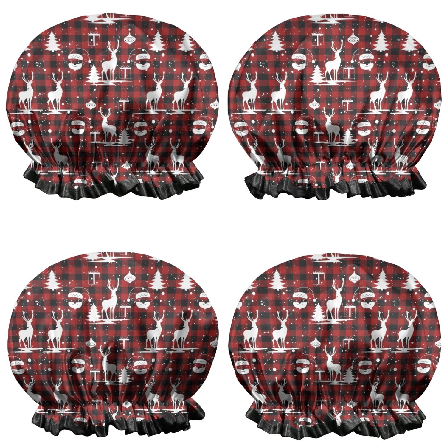 Shower Caps,Red Christmas Plaid Deer and Tree Pattern Waterproof Shower Cap for Women 4 Pieces,Double Reusable Hair Cover for Shower PEVA Elastic Stretch Hem