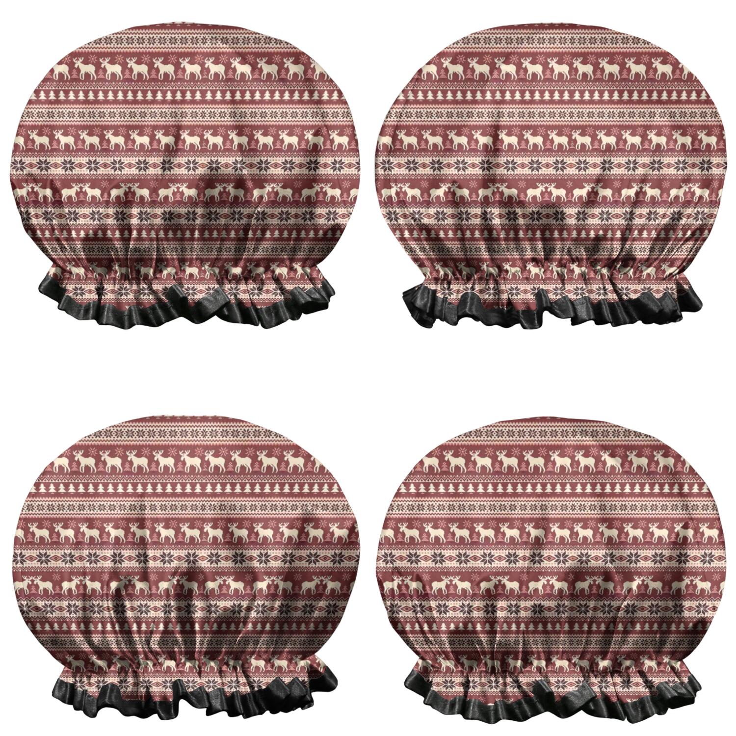 Shower Caps,Red Christmas Reindeer Pattern Waterproof Shower Cap for Women 4 Pieces,Double Reusable Hair Cover for Shower PEVA Elastic Stretch Hem