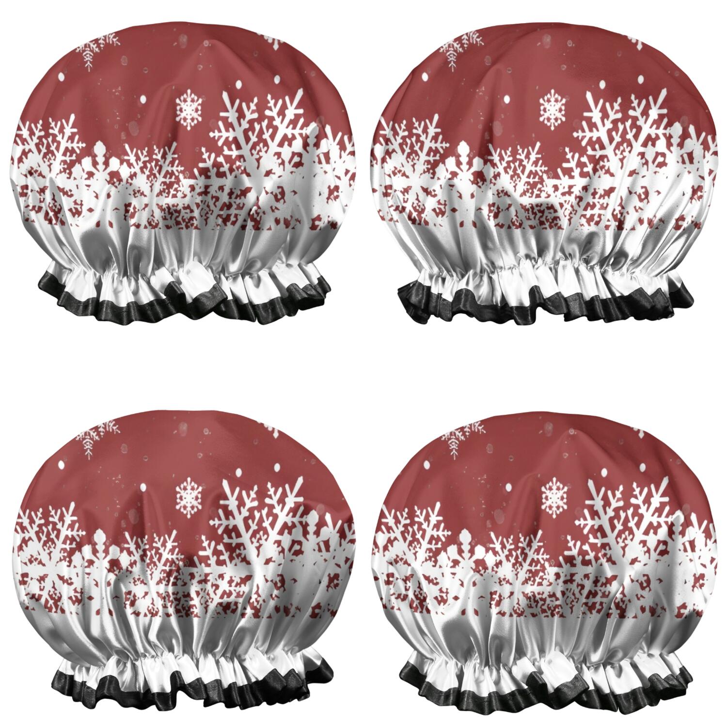 Shower Caps,Red Christmas Snowflake Pattern Waterproof Shower Cap for Women 4 Pieces,Double Reusable Hair Cover for Shower PEVA Elastic Stretch Hem