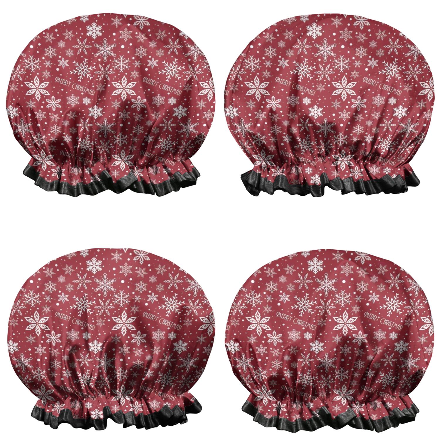 Shower Caps,Red Christmas Snowflake Pattern Waterproof Shower Cap for Women 4 Pieces,Double Reusable Hair Cover for Shower PEVA Elastic Stretch Hem