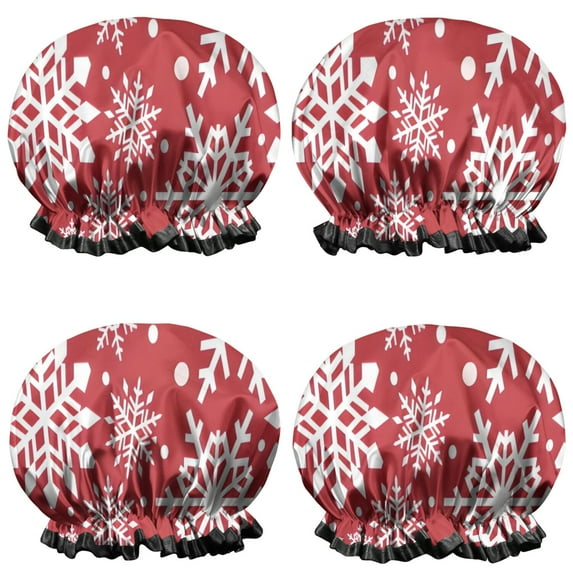 Shower Caps,Red Christmas Snowflake Pattern Waterproof Shower Cap for Women 4 Pieces,Double Reusable Hair Cover for Shower PEVA Elastic Stretch Hem