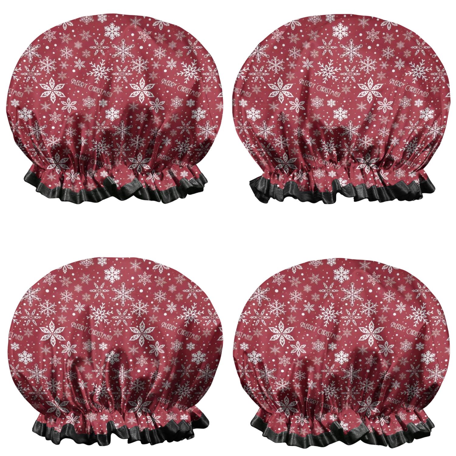 Shower Caps,Red Christmas Snowflake Pattern Waterproof Shower Cap for Women 4 Pieces,Double Reusable Hair Cover for Shower PEVA Elastic Stretch Hem