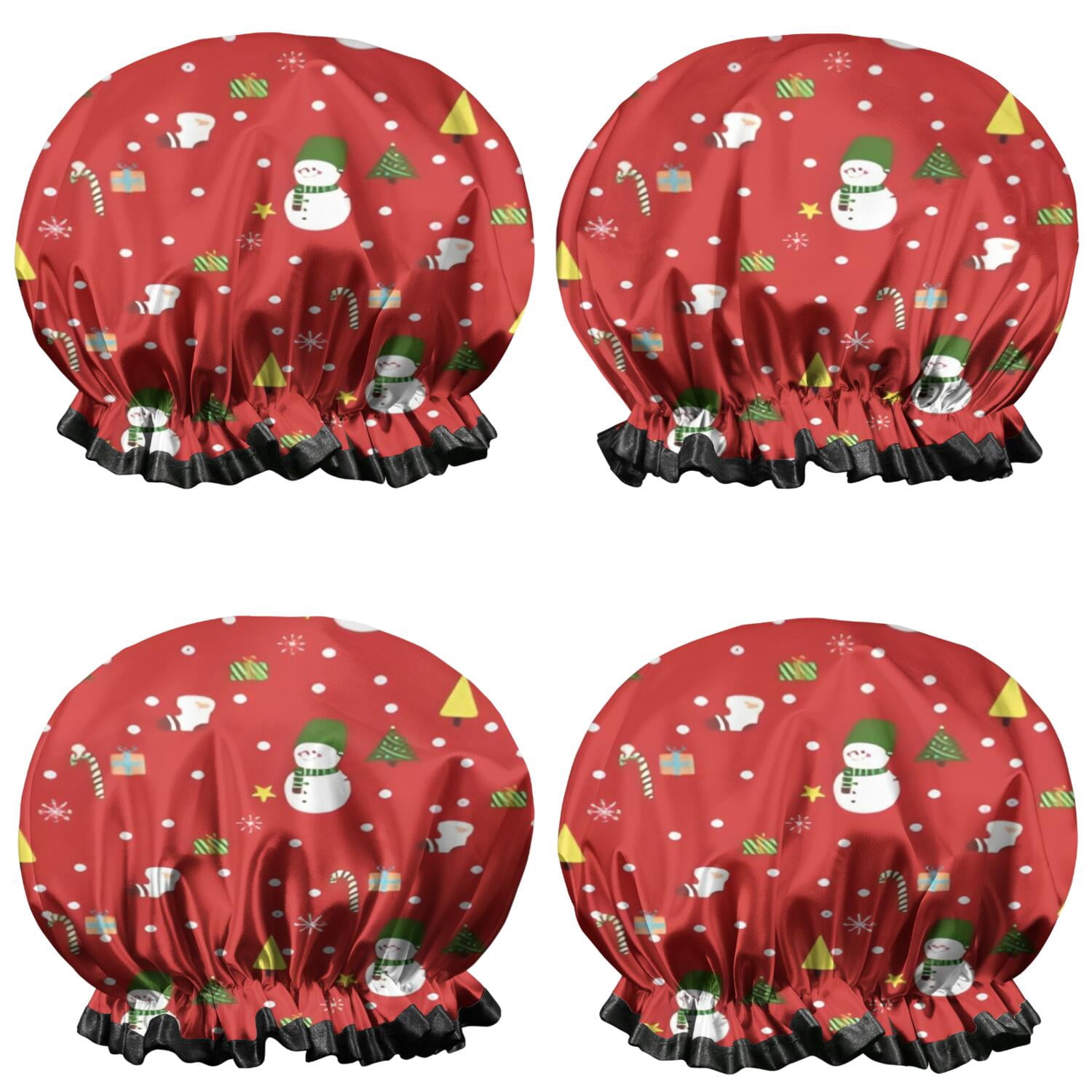 Shower Caps,Red Christmas Snowman Pattern Waterproof Shower Cap for Women 4 Pieces,Double Reusable Hair Cover for Shower PEVA Elastic Stretch Hem