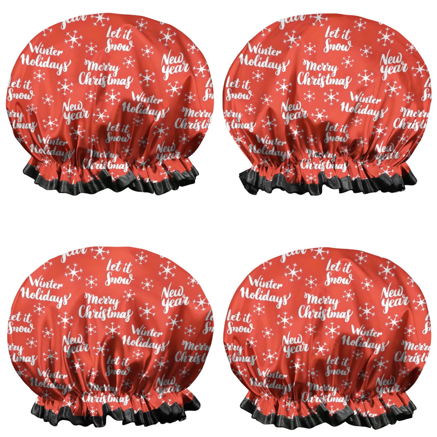 Shower Caps,Red Christmas Text and Snowflake Pattern Waterproof Shower Cap for Women 4 Pieces,Double Reusable Hair Cover for Shower PEVA Elastic Stretch Hem
