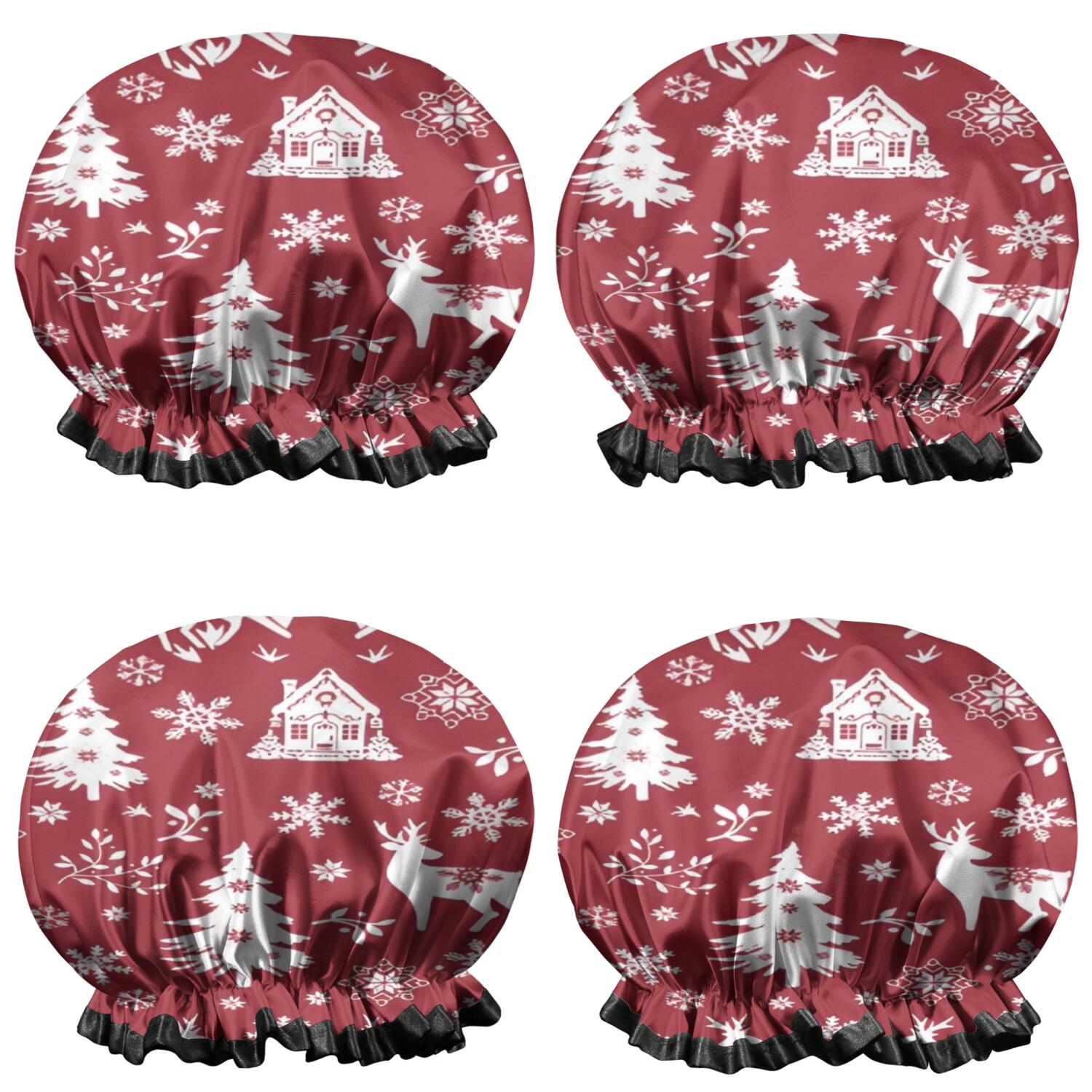 Shower Caps,Red Christmas Tree and Deer Pattern Waterproof Shower Cap for Women 4 Pieces,Double Reusable Hair Cover for Shower PEVA Elastic Stretch Hem