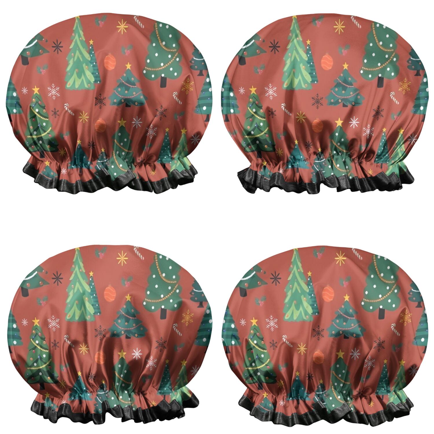 Shower Caps,Red Christmas Tree and Ornament Pattern Waterproof Shower Cap for Women 4 Pieces,Double Reusable Hair Cover for Shower PEVA Elastic Stretch Hem