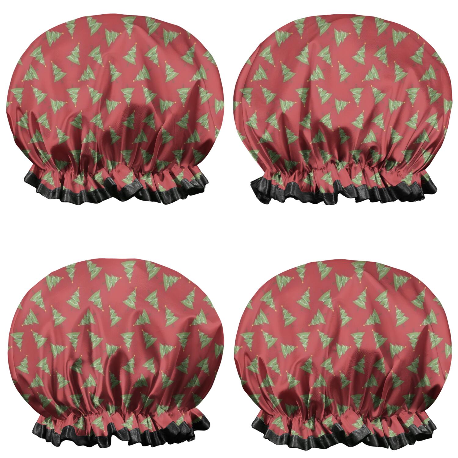 Shower Caps,Red Christmas Tree Pattern Waterproof Shower Cap for Women 4 Pieces,Double Reusable Hair Cover for Shower PEVA Elastic Stretch Hem