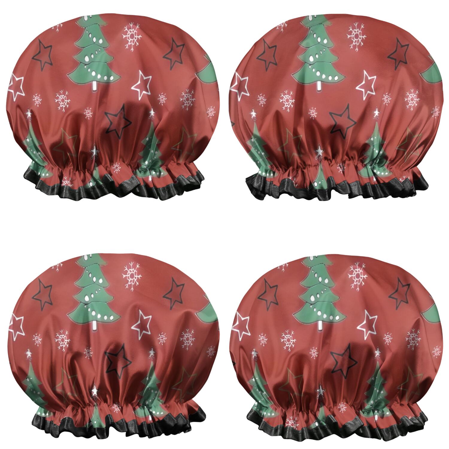 Shower Caps,Red Christmas Tree Pattern Waterproof Shower Cap for Women 4 Pieces,Double Reusable Hair Cover for Shower PEVA Elastic Stretch Hem