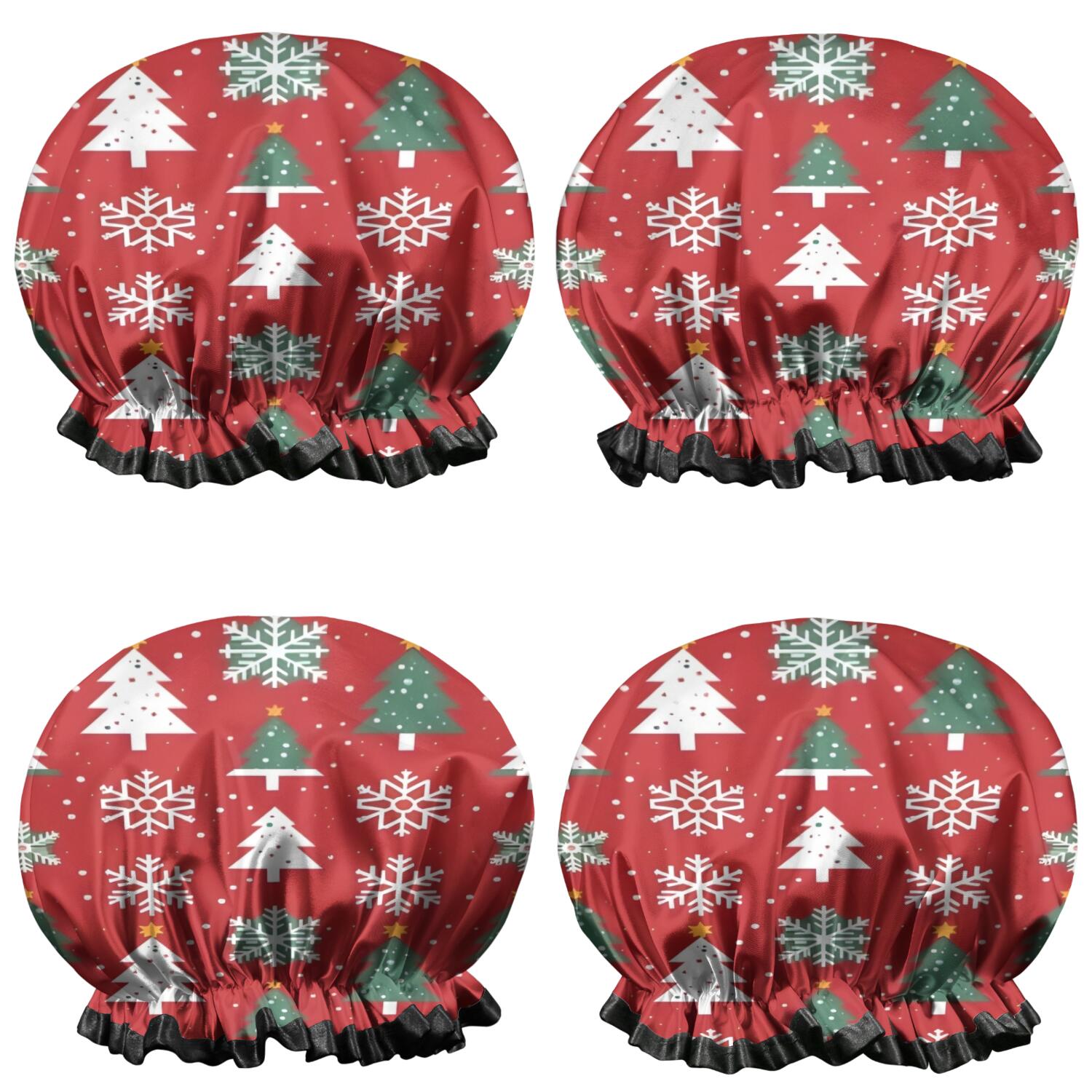 Shower Caps,Red Christmas Tree and Snowflake Pattern Waterproof Shower Cap for Women 4 Pieces,Double Reusable Hair Cover for Shower PEVA Elastic Stretch Hem