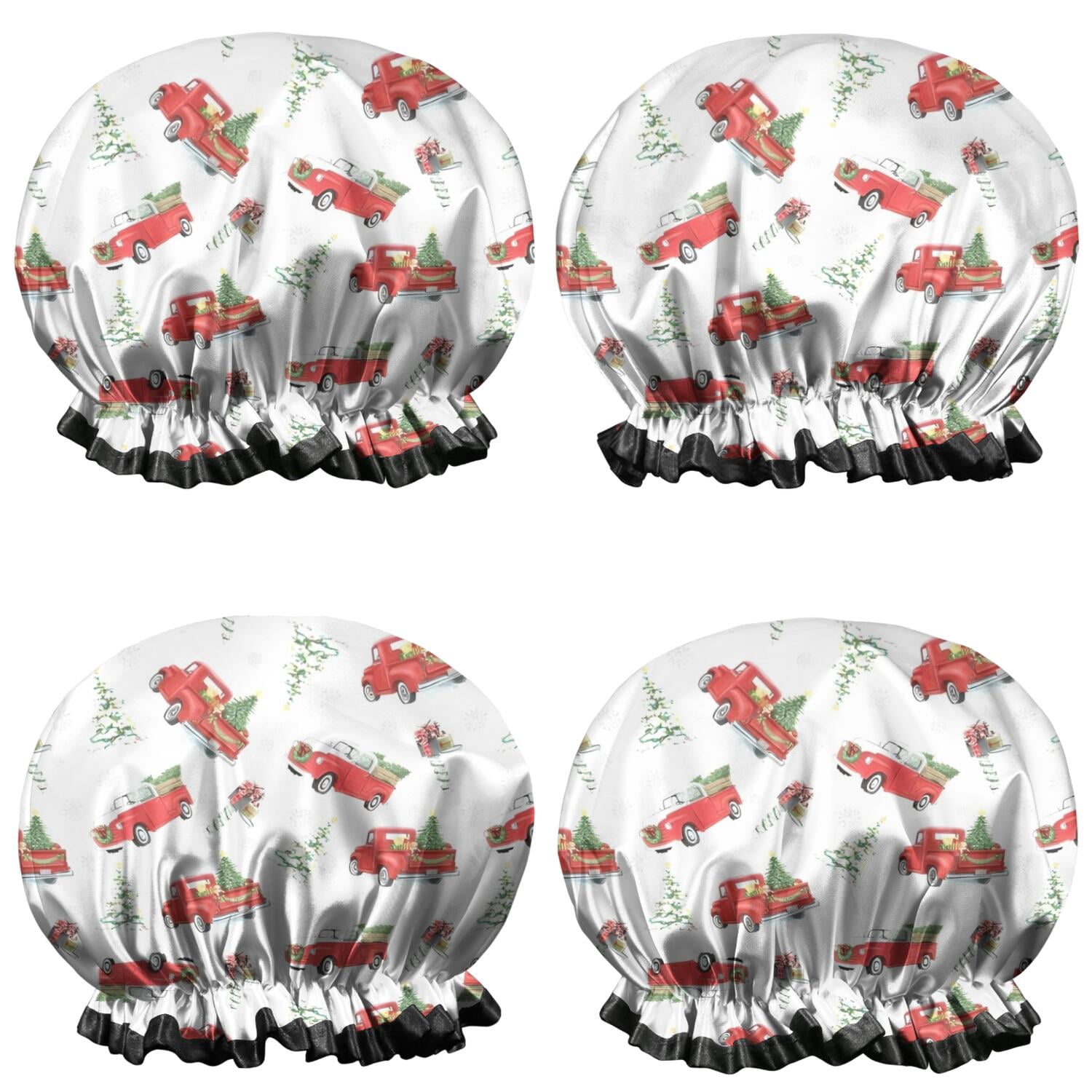 Shower Caps,Red Christmas Truck Pattern Waterproof Shower Cap for Women 4 Pieces,Double Reusable Hair Cover for Shower PEVA Elastic Stretch Hem