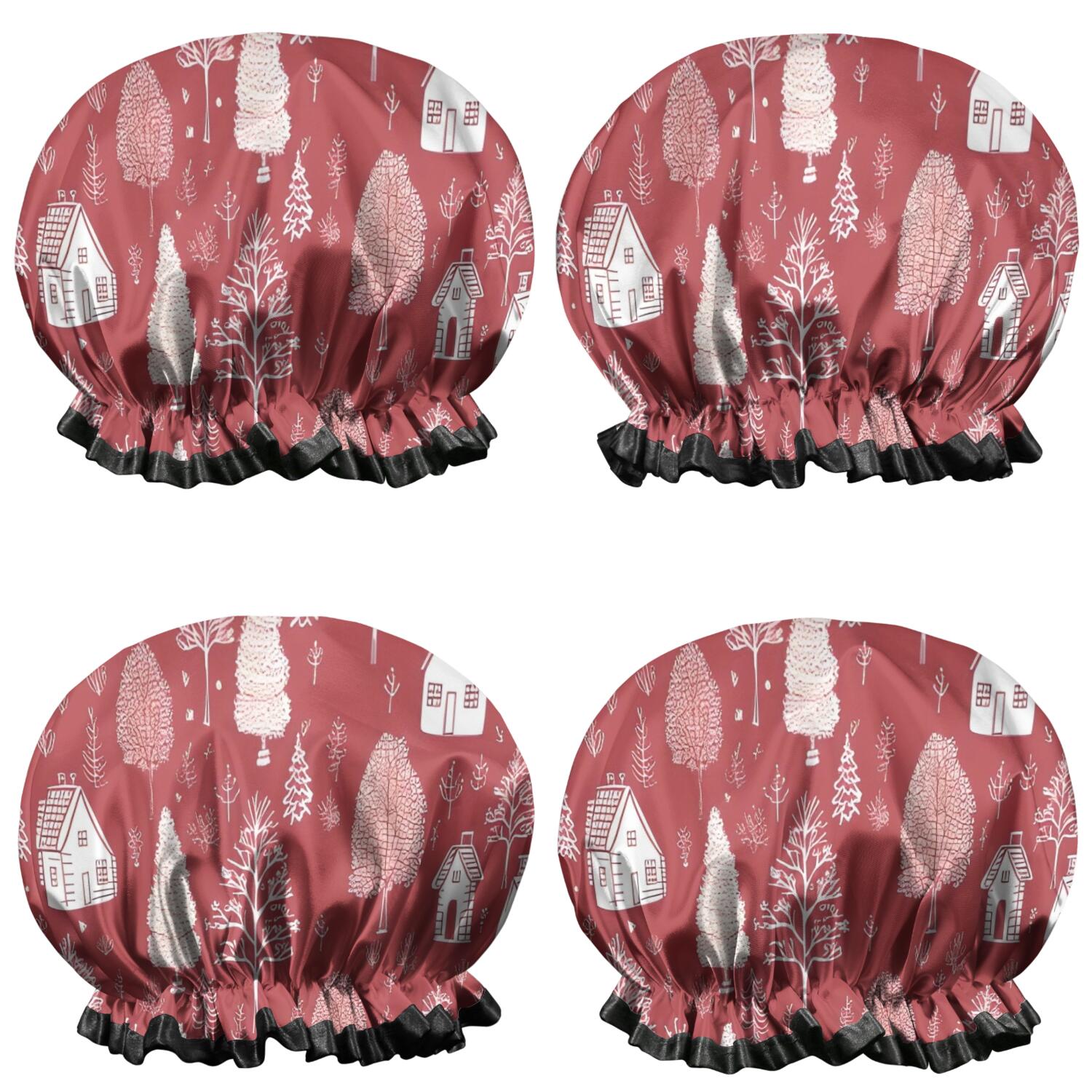 Shower Caps,Red Christmas Village Pattern Waterproof Shower Cap for Women 4 Pieces,Double Reusable Hair Cover for Shower PEVA Elastic Stretch Hem