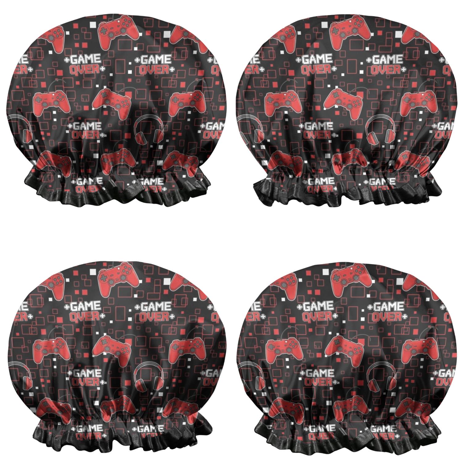 Shower Caps,Red Controllers Games Icons Black Pattern Waterproof Shower Cap for Women 4 Pieces,Double Reusable Hair Cover for Shower PEVA Elastic Stretch Hem