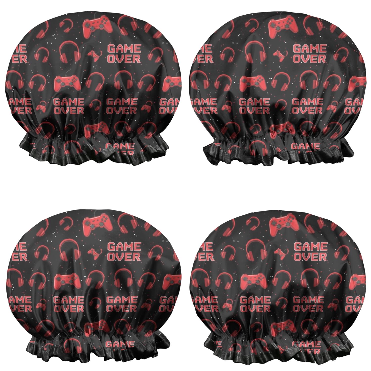 Shower Caps,Red Controllers Games Icons Black Pattern Waterproof Shower Cap for Women 4 Pieces,Double Reusable Hair Cover for Shower PEVA Elastic Stretch Hem