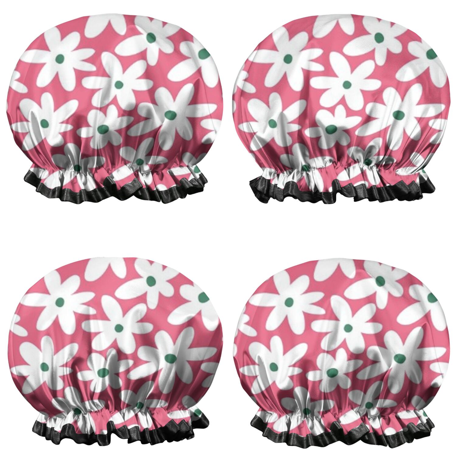 Shower Caps,Red Daisy Flower Green Centers Pattern Waterproof Shower Cap for Women 4 Pieces,Double Reusable Hair Cover for Shower PEVA Elastic Stretch Hem