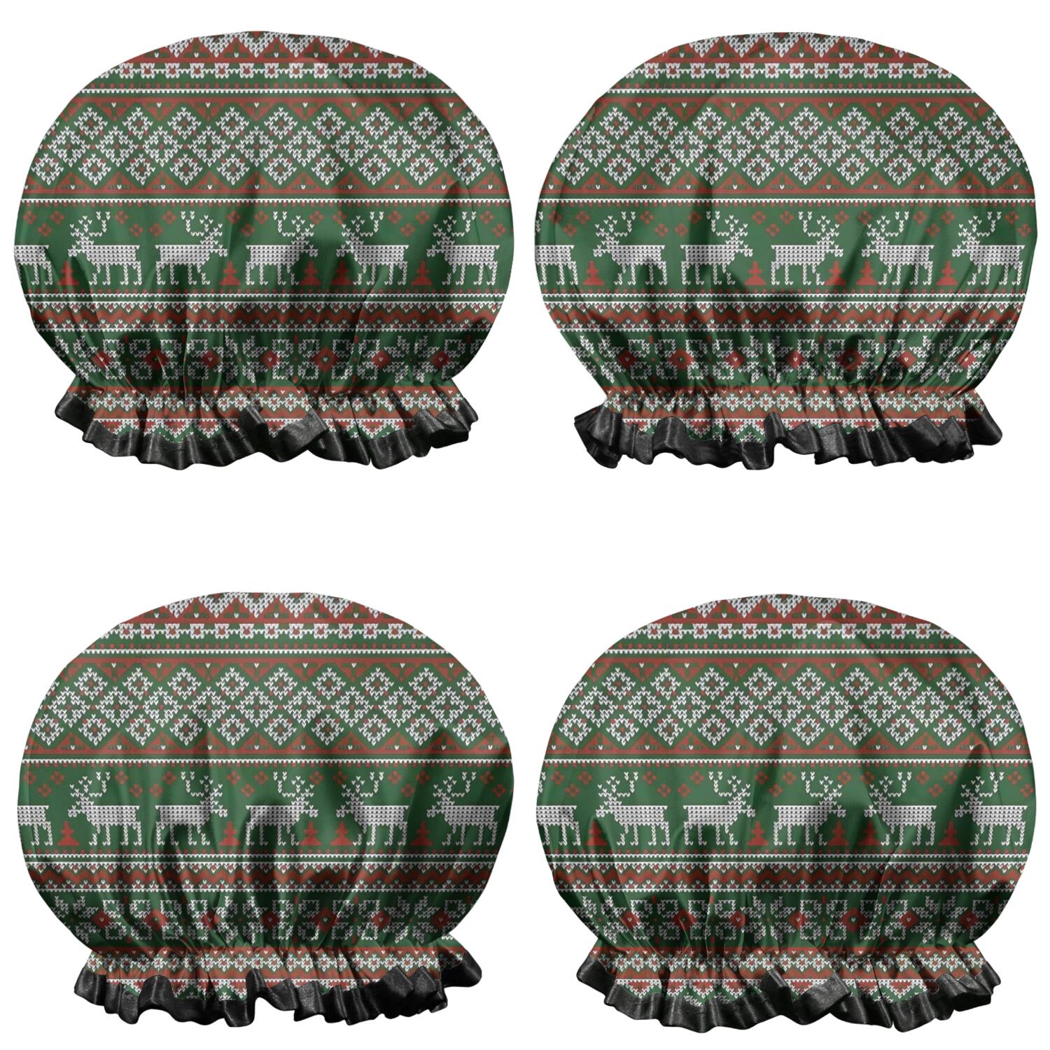 Shower Caps,Red and Green Christmas Reindeer Pattern Waterproof Shower Cap for Women 4 Pieces,Double Reusable Hair Cover for Shower PEVA Elastic Stretch Hem
