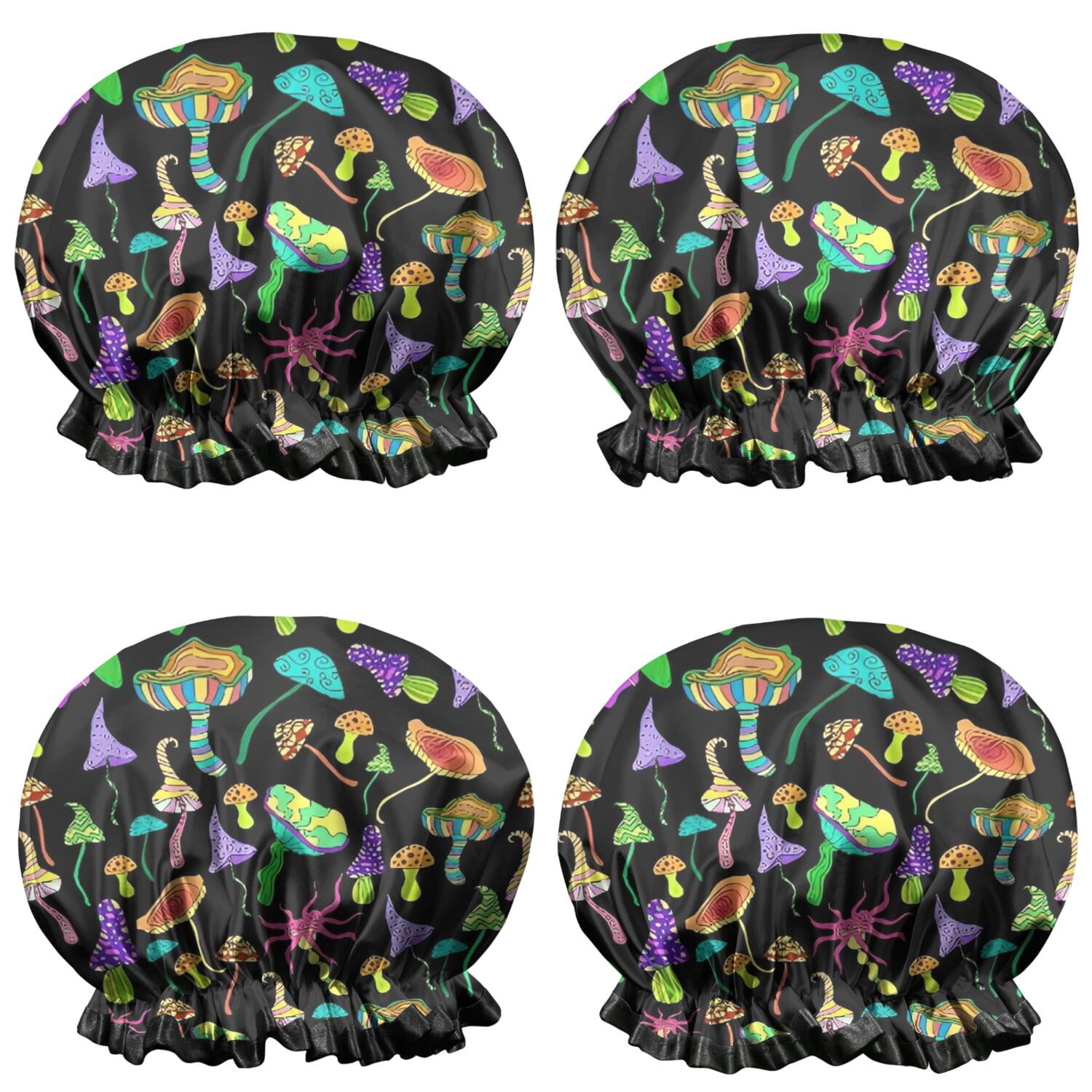 Shower Caps,Red Mushroom Black Pattern Waterproof Shower Cap for Women 4 Pieces,Double Reusable Hair Cover for Shower PEVA Elastic Stretch Hem