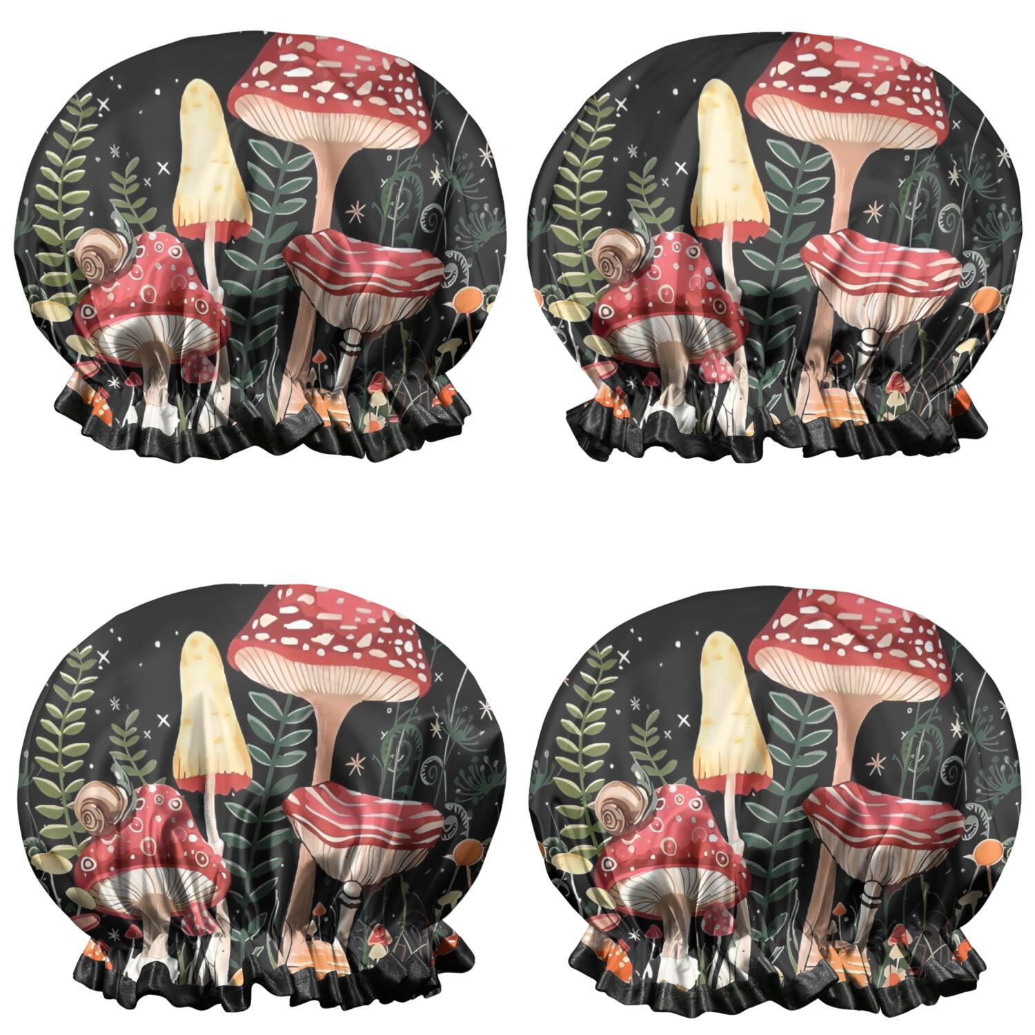 Shower Caps,Red Mushroom Butterfly Black Pattern Waterproof Shower Cap for Women 4 Pieces,Double Reusable Hair Cover for Shower PEVA Elastic Stretch Hem