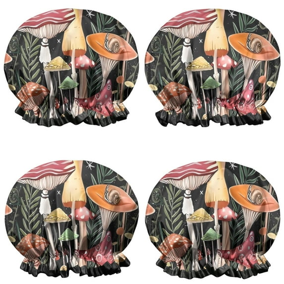 Shower Caps,Red Mushroom Butterfly Black Pattern Waterproof Shower Cap for Women 4 Pieces,Double Reusable Hair Cover for Shower PEVA Elastic Stretch Hem