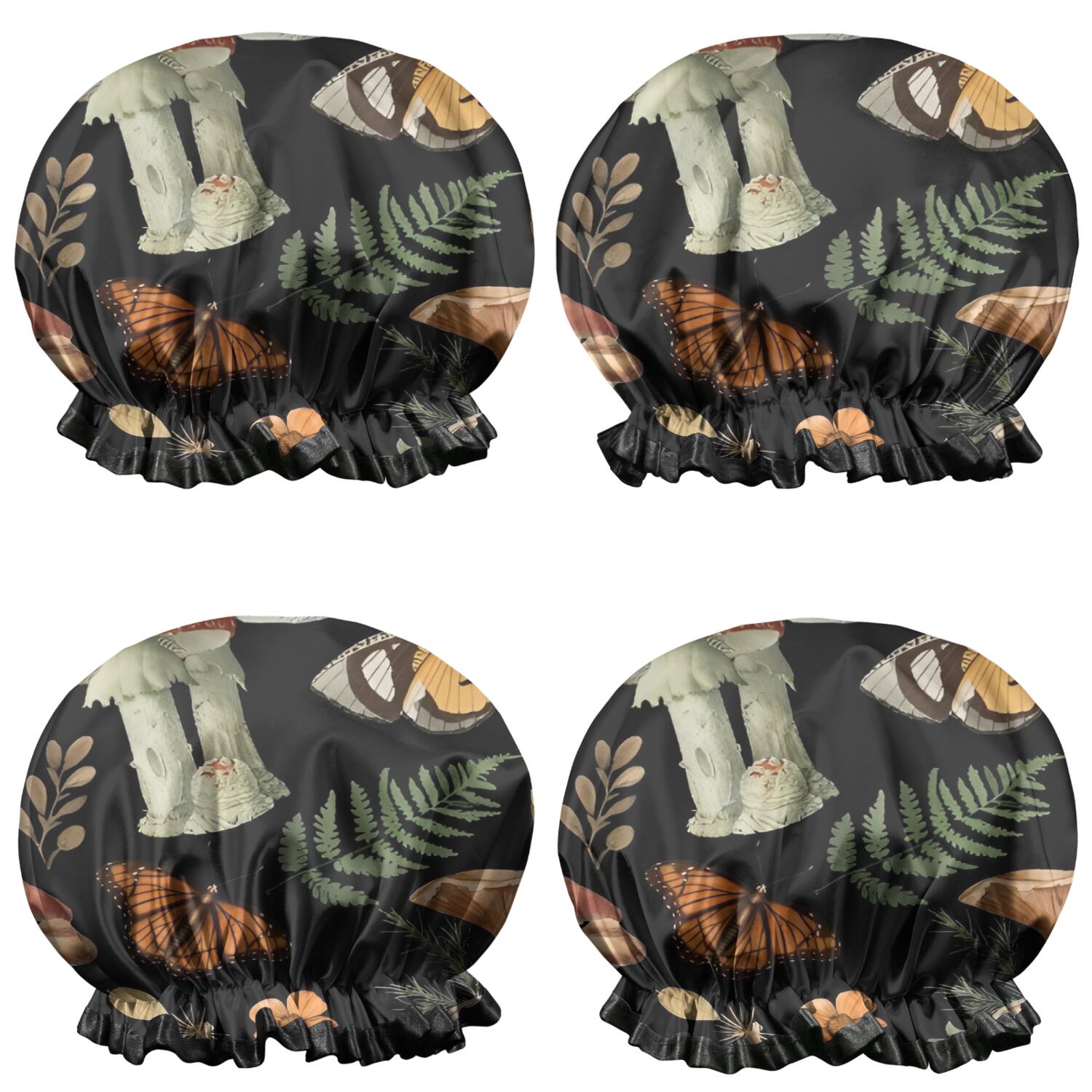 Shower Caps,Red Mushroom Butterfly Black Pattern Waterproof Shower Cap for Women 4 Pieces,Double Reusable Hair Cover for Shower PEVA Elastic Stretch Hem
