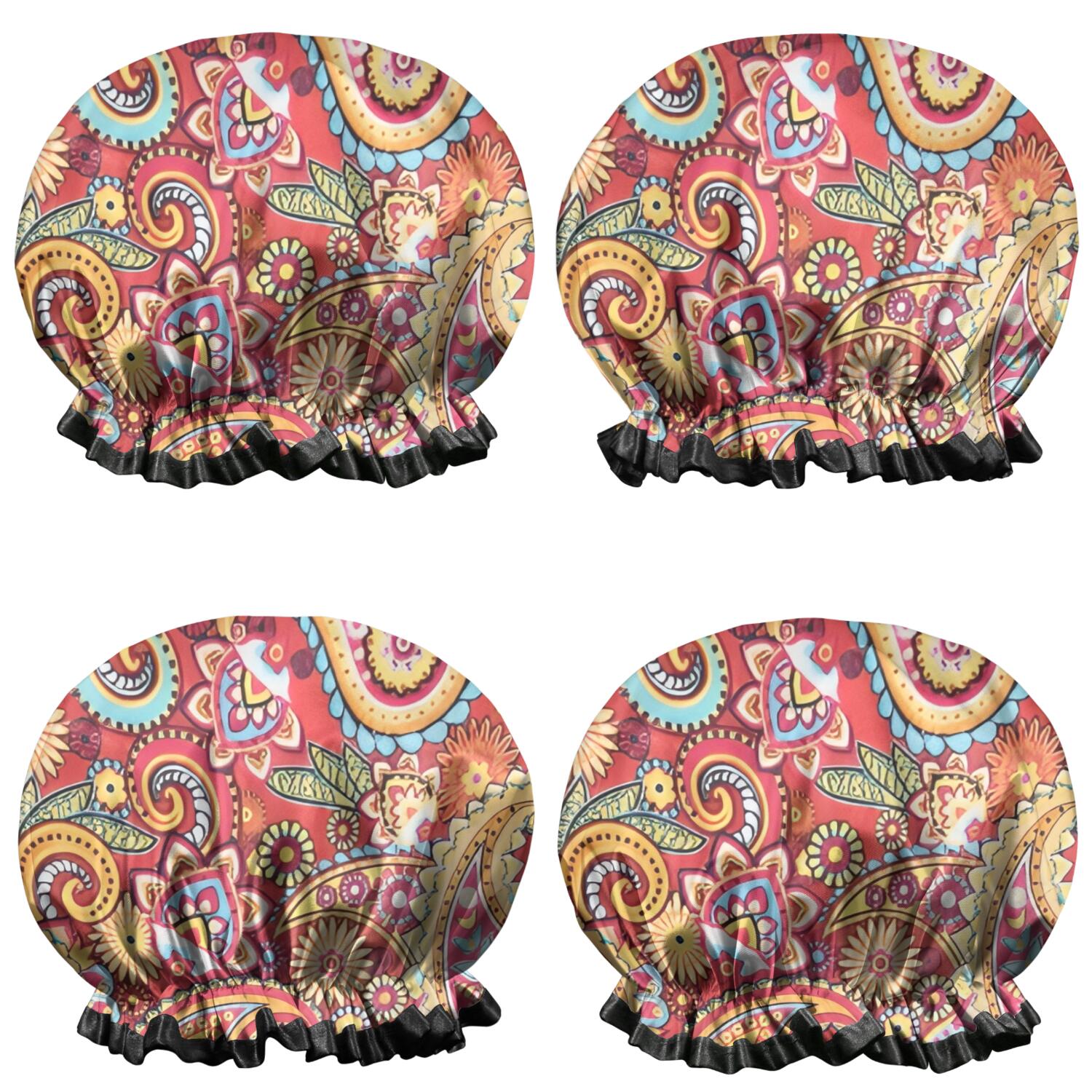 Shower Caps,Red Pioneer Flower and Paisley Pattern Waterproof Shower Cap for Women 4 Pieces,Double Reusable Hair Cover for Shower PEVA Elastic Stretch Hem