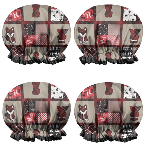 Shower Caps,Red Plaid Dog Jigsaw Puzzle Waterproof Shower Cap for Women 4 Pieces,Double Reusable Hair Cover for Shower PEVA Elastic Stretch Hem