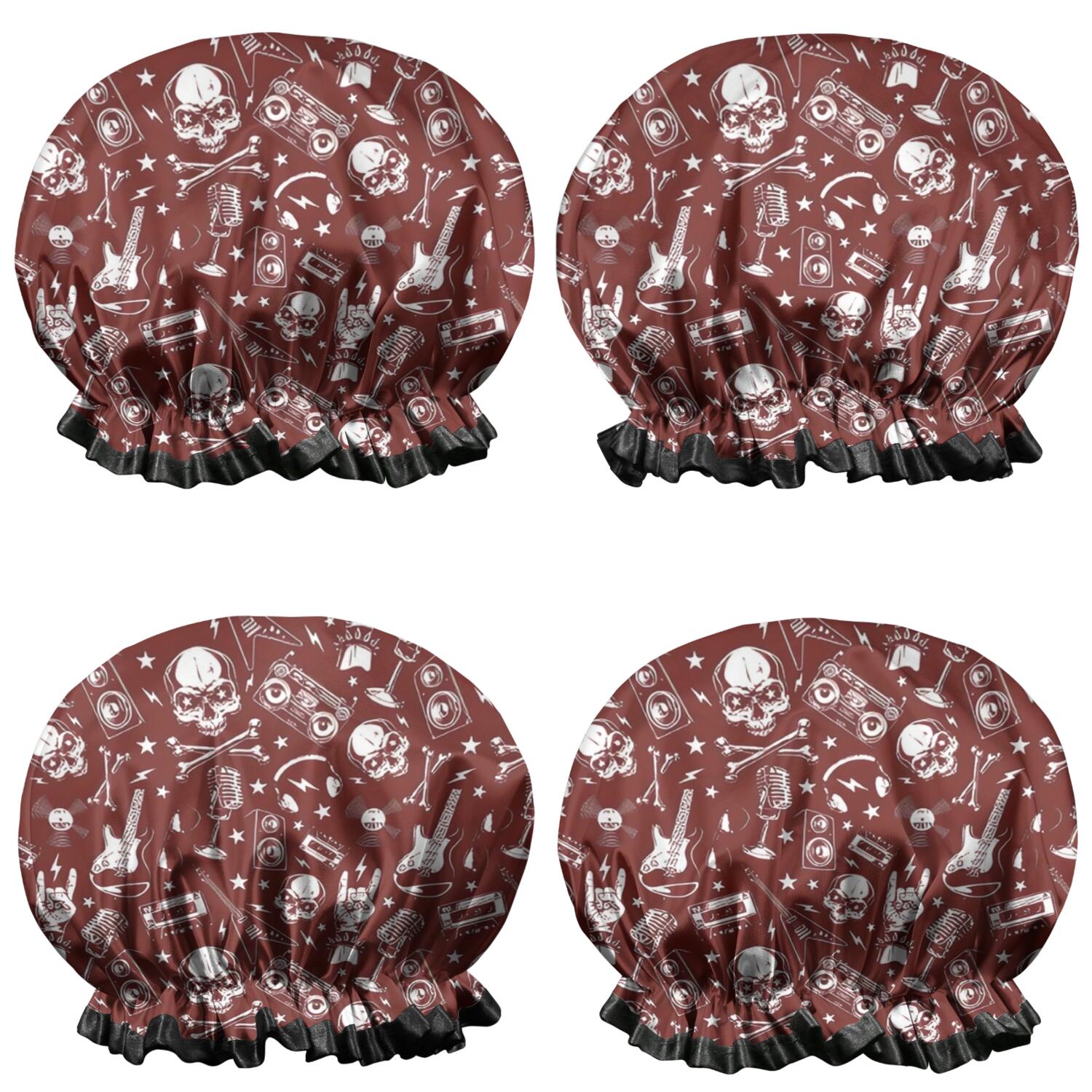 Shower Caps,Red Skull Guitar Music Pattern Waterproof Shower Cap for Women 4 Pieces,Double Reusable Hair Cover for Shower PEVA Elastic Stretch Hem