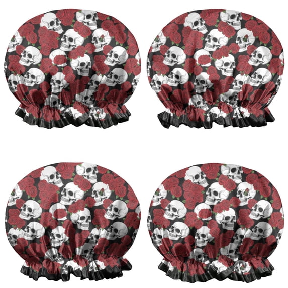 Shower Caps,Red Skull Rose Pattern Waterproof Shower Cap for Women 4 Pieces,Double Reusable Hair Cover for Shower PEVA Elastic Stretch Hem
