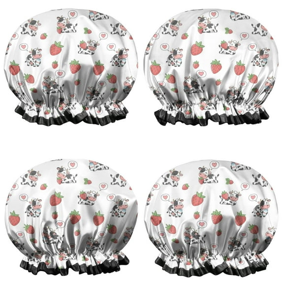 Shower Caps,Red Strawberry Cow Pattern Waterproof Shower Cap for Women 4 Pieces,Double Reusable Hair Cover for Shower PEVA Elastic Stretch Hem