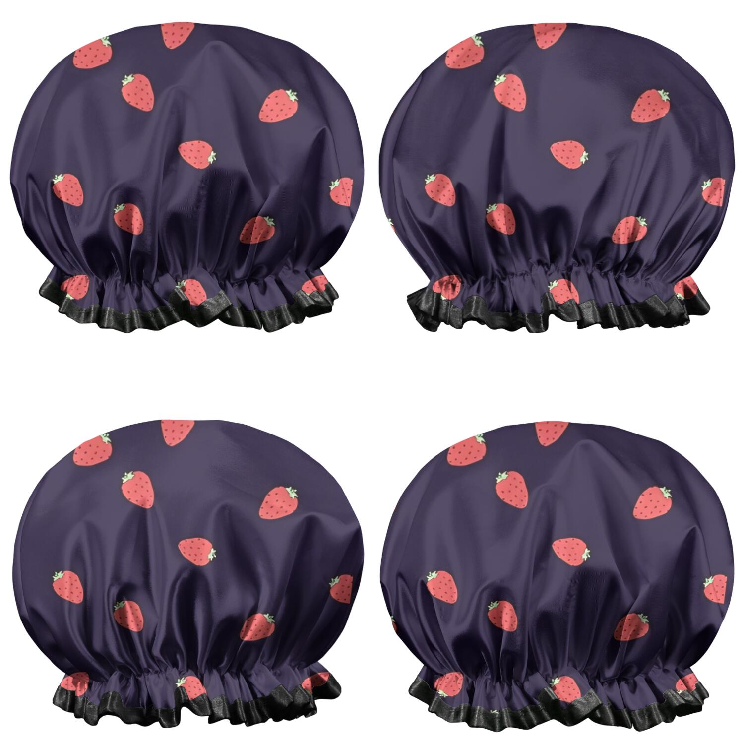 Shower Caps,Red Strawberry Plants Dark Pattern Waterproof Shower Cap for Women 4 Pieces,Double Reusable Hair Cover for Shower PEVA Elastic Stretch Hem