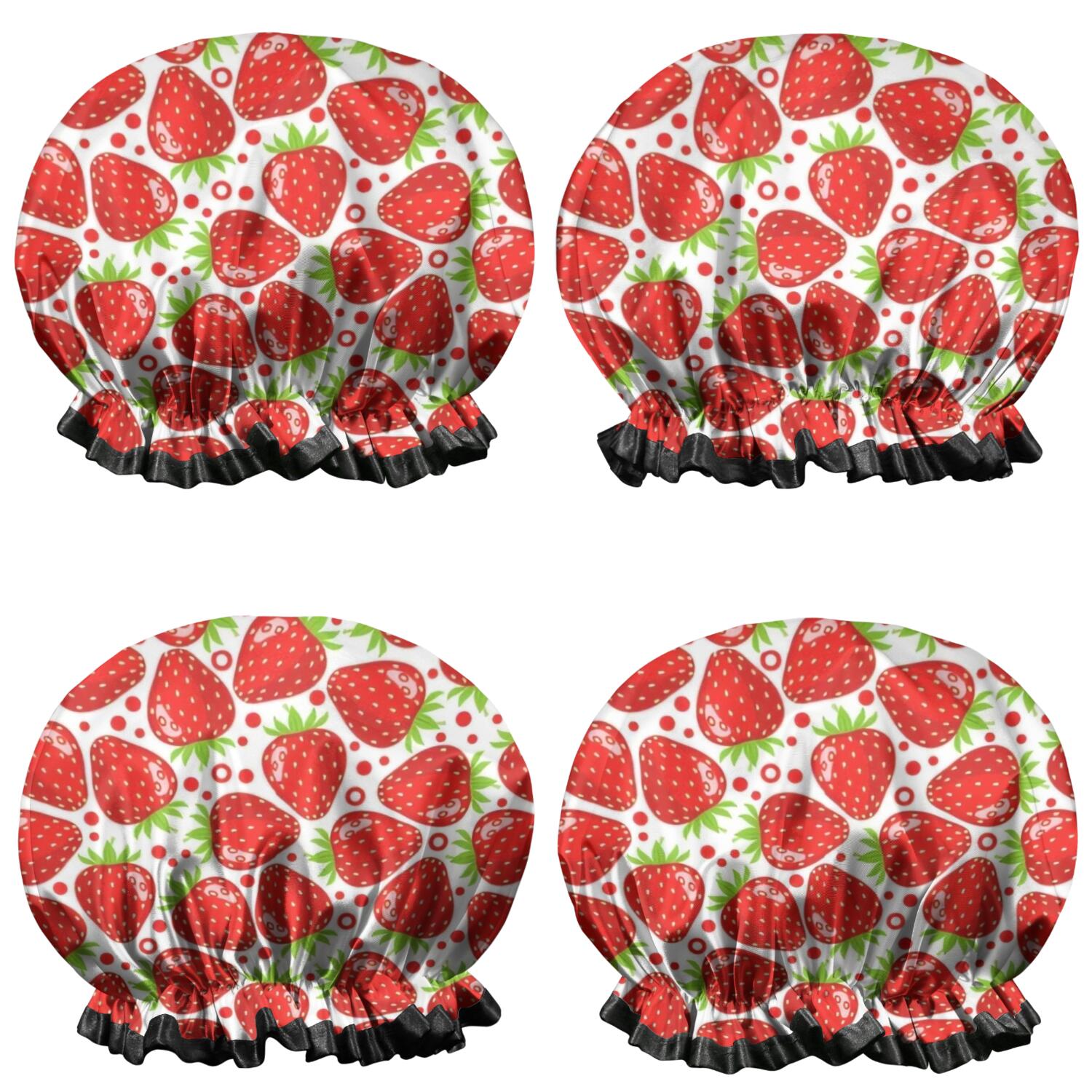 Shower Caps,Red Strawberry Plants Fruit Dot Waterproof Shower Cap for Women 4 Pieces,Double Reusable Hair Cover for Shower PEVA Elastic Stretch Hem
