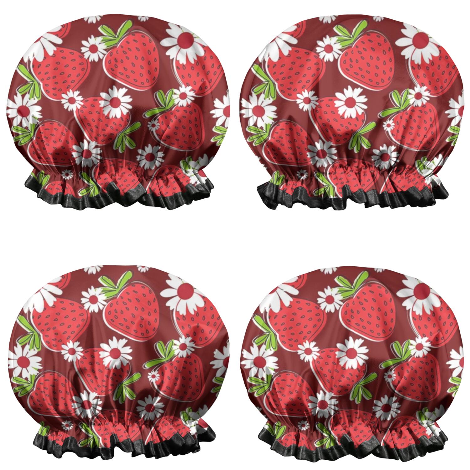 Shower Caps,Red Strawberry Plants Fruit Flower Waterproof Shower Cap for Women 4 Pieces,Double Reusable Hair Cover for Shower PEVA Elastic Stretch Hem