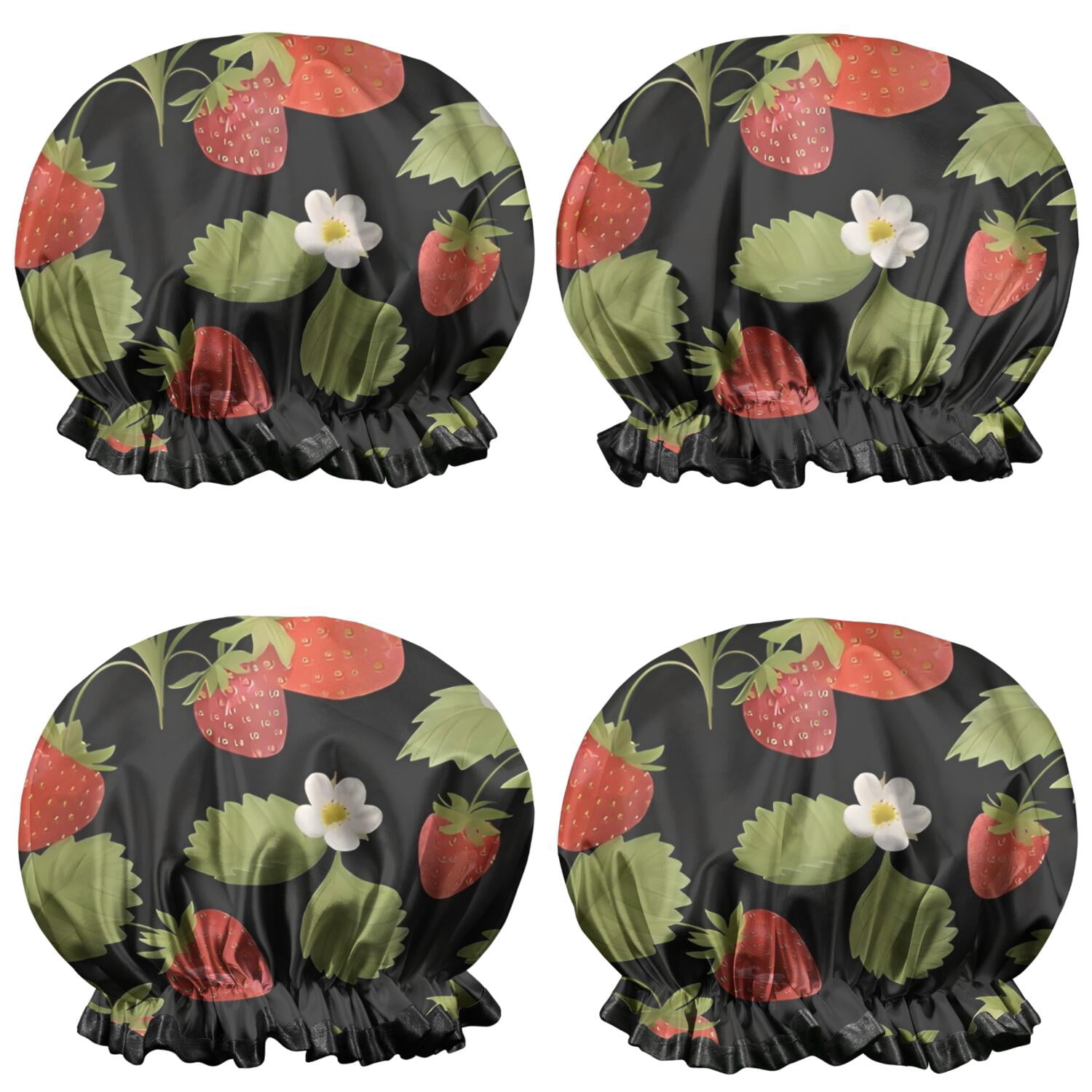 Shower Caps,Red Strawberry Plants Fruit Leaf Black Pattern Waterproof Shower Cap for Women 4 Pieces,Double Reusable Hair Cover for Shower PEVA Elastic Stretch Hem